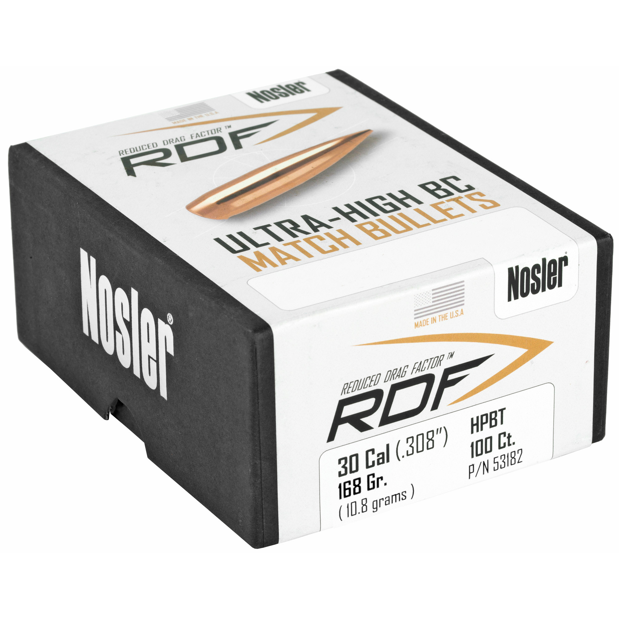 Nosler 53182 RDF Match 30 Cal .308 168 gr Hollow Point Boat-Tail (HPBT) 100 Per Box