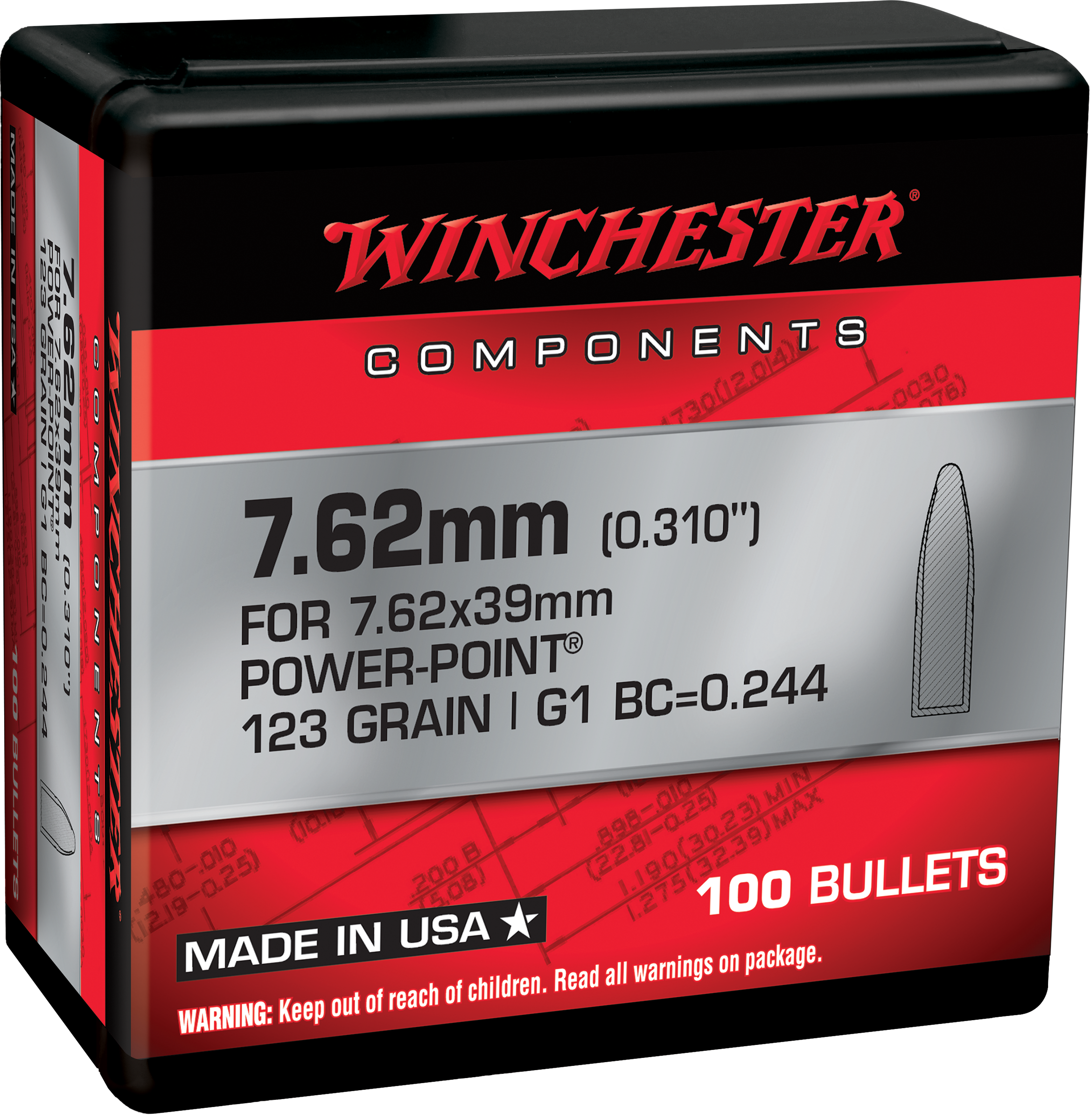 Winchester AmmoCenterfire Rifle Reloading 7.62mm .310 123 gr Power-Point (PP) 100 Per Box