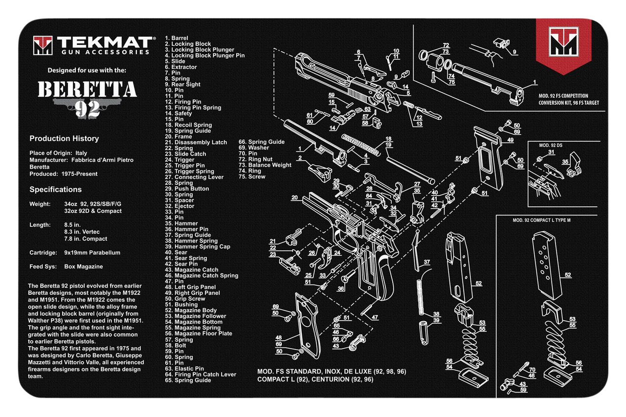 TekMat TEKR17BER92 Beretta 92 Original Mat Black/White Rubber 17" Long 11" x 17" Beretta 92 Parts Diagram Illustration