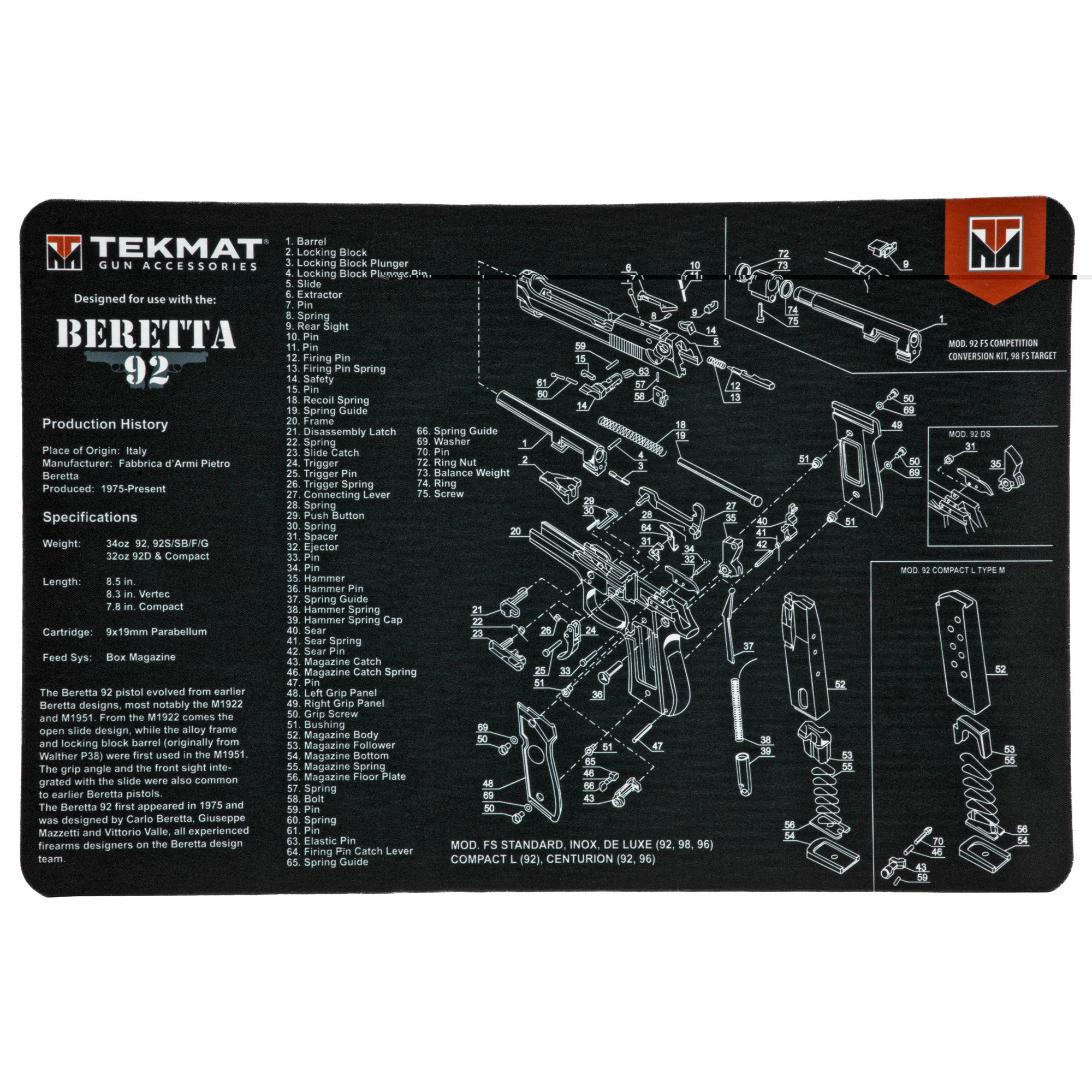 TekMat TEKR17BER92 Beretta 92 Original Mat Black/White Rubber 17" Long 11" x 17" Beretta 92 Parts Diagram Illustration