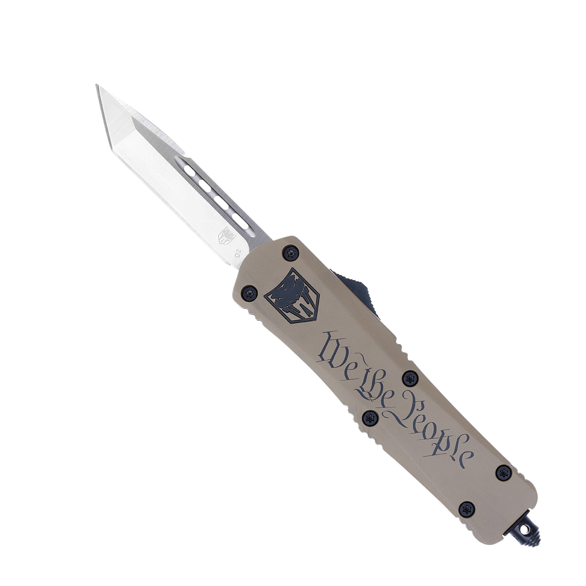 CobraTec Knives MWTPFS3TNS FS-3 We The People Medium 3" OTF Tanto Plain D2 Steel Blade Tan w/"We The People" Aluminum Cerakoted Handle Features Glass Breaker Includes Pocket Clip
