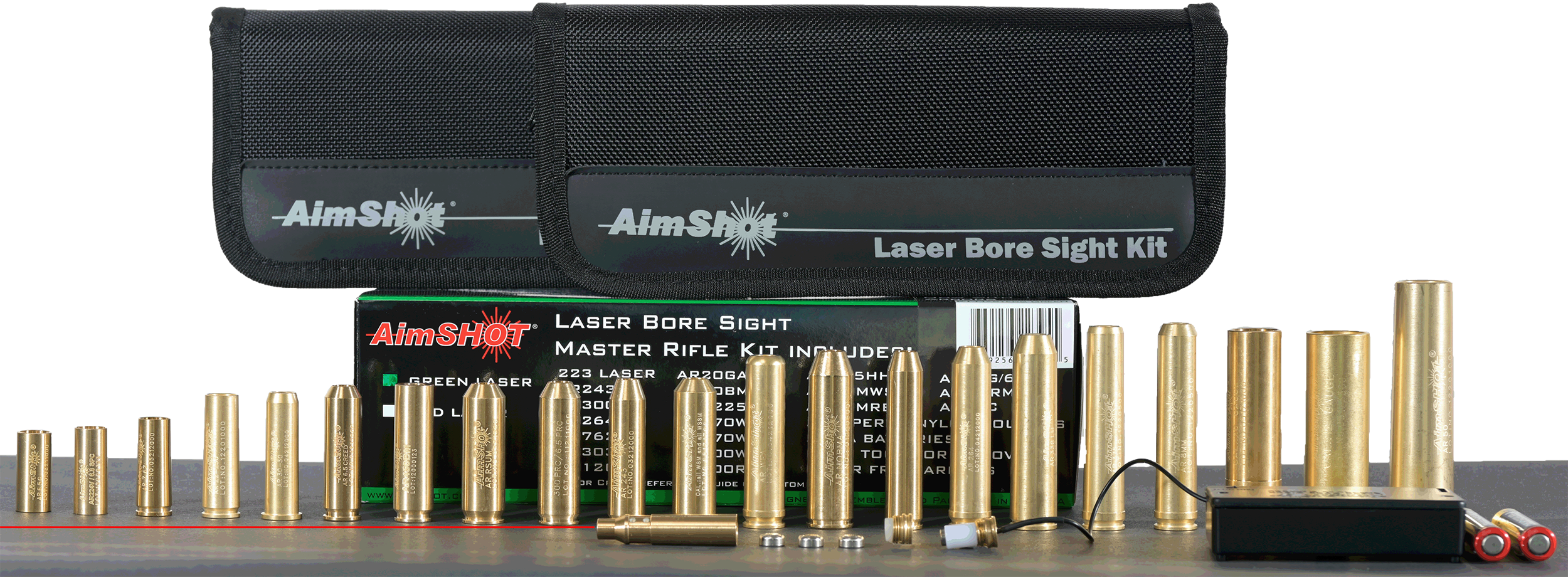 AimShotMaster KitMulti-Caliber Bore Sight with Red 650nM Laser, Uses L736 Button Cell Batteries & 2 AAA Batteries for Battery Pack for Rifles (Batteries Not Included)