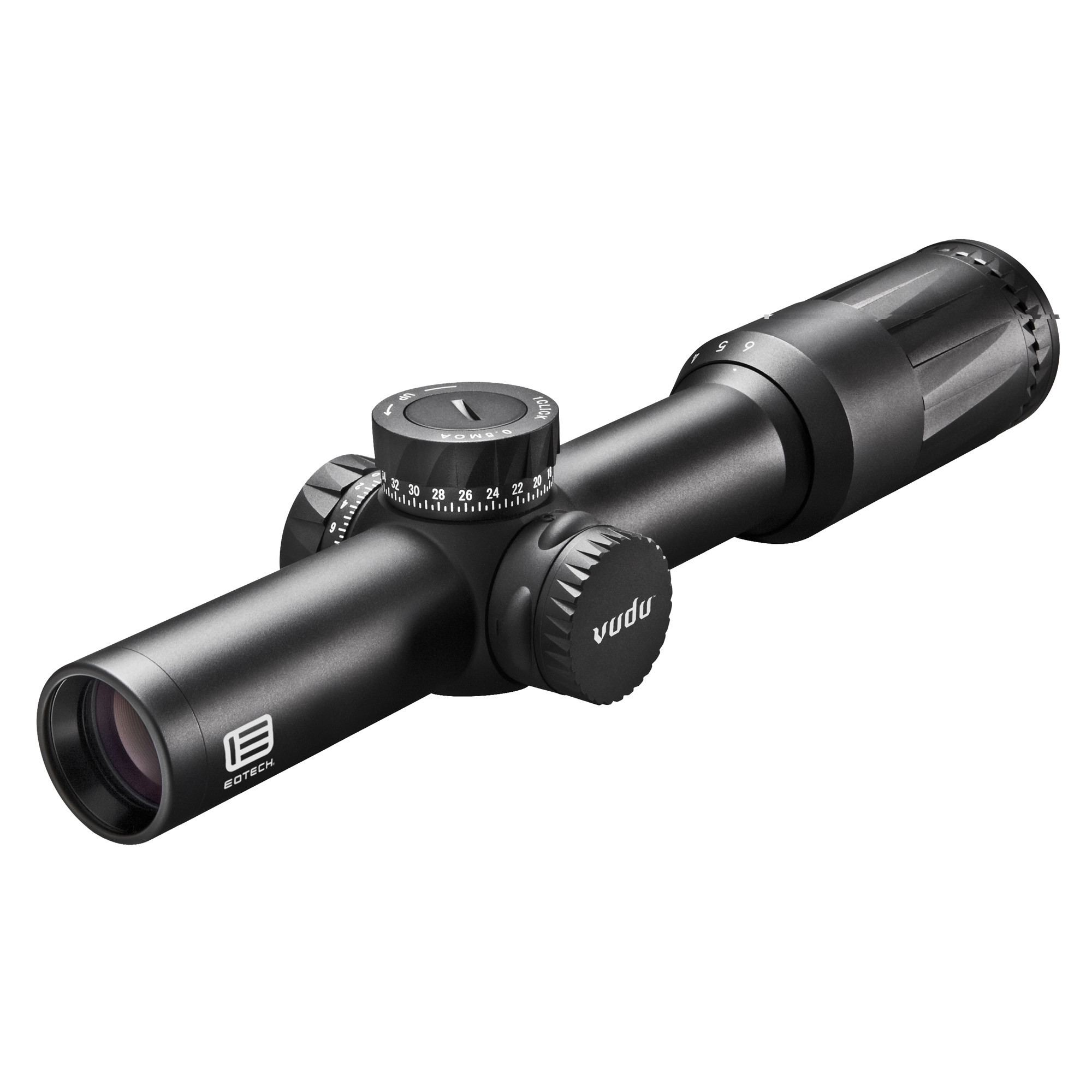 EoTech VDU16FFSR1G Vudu FFP Black Hardcoat Anodized 1-6x 24mm 30mm Tube Illuminated Green SR1-MRAD Reticle Features Throw Lever