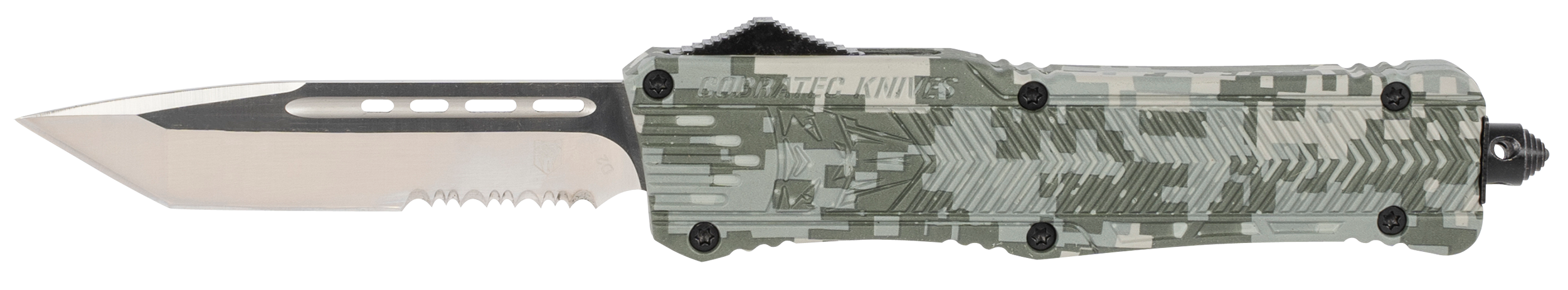 CobraTec Knives LADCCTK1LTS CTK-1Large 3.75" OTF Tanto Part Serrated D2 Steel Blade/Army DigiCamo Aluminum Handle Features Glass Breaker Includes Pocket Clip