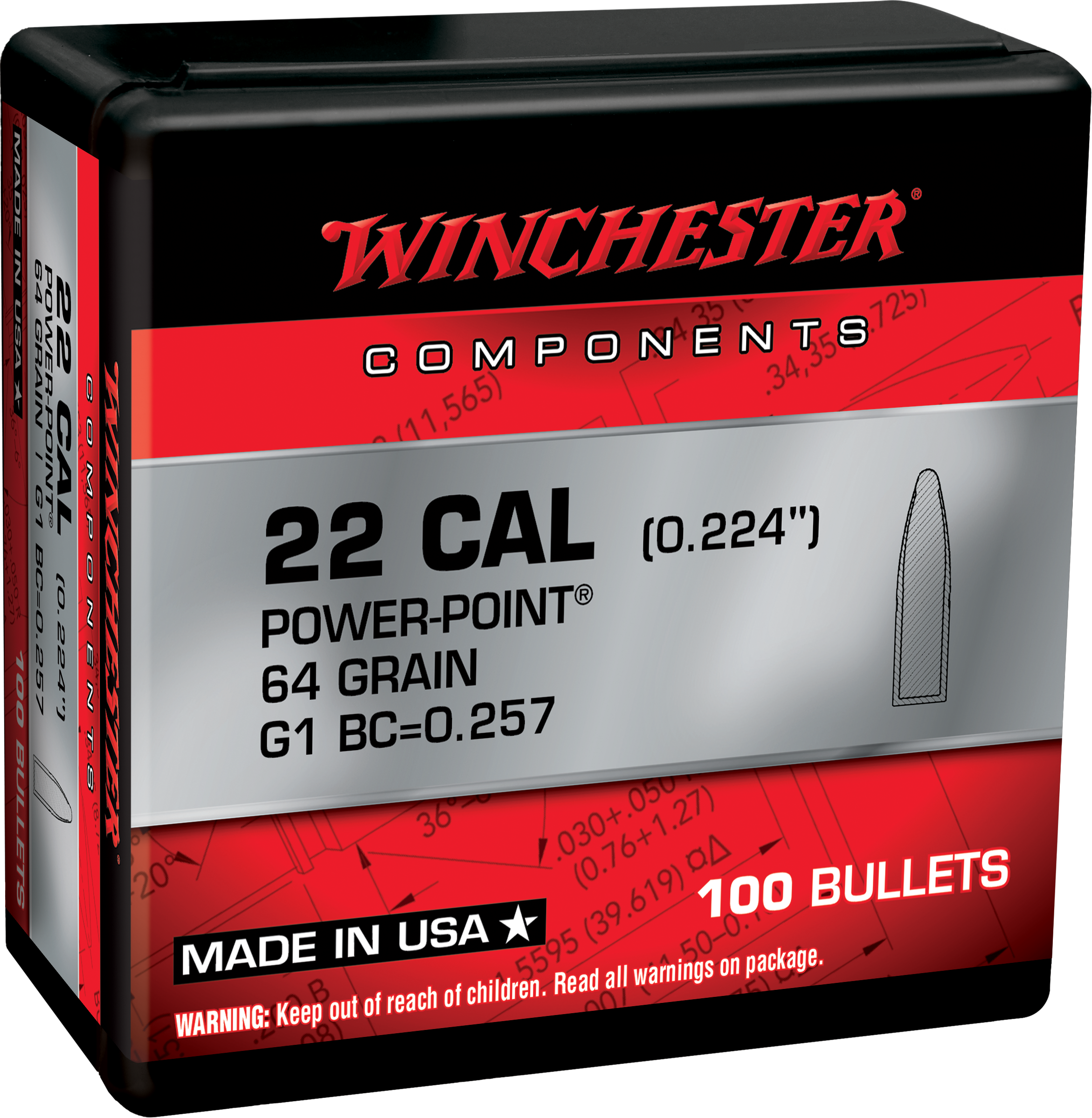 Winchester AmmoCenterfire Rifle Reloading 223 Rem .224 64 gr Power-Point (PP) 100 Per Box
