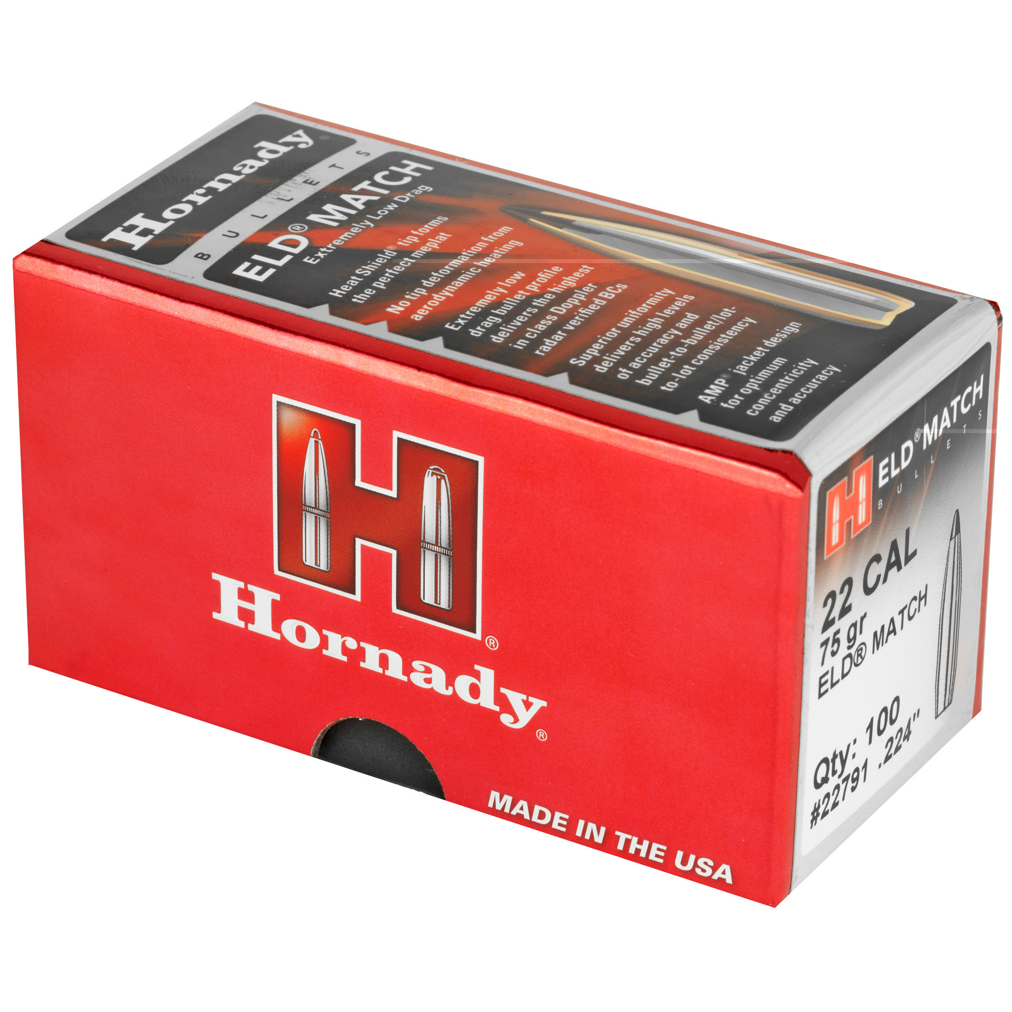 Hornady 22791 ELD Match Target 22 Cal .224 75 gr Extremely Low Drag-Match (ELD-M)