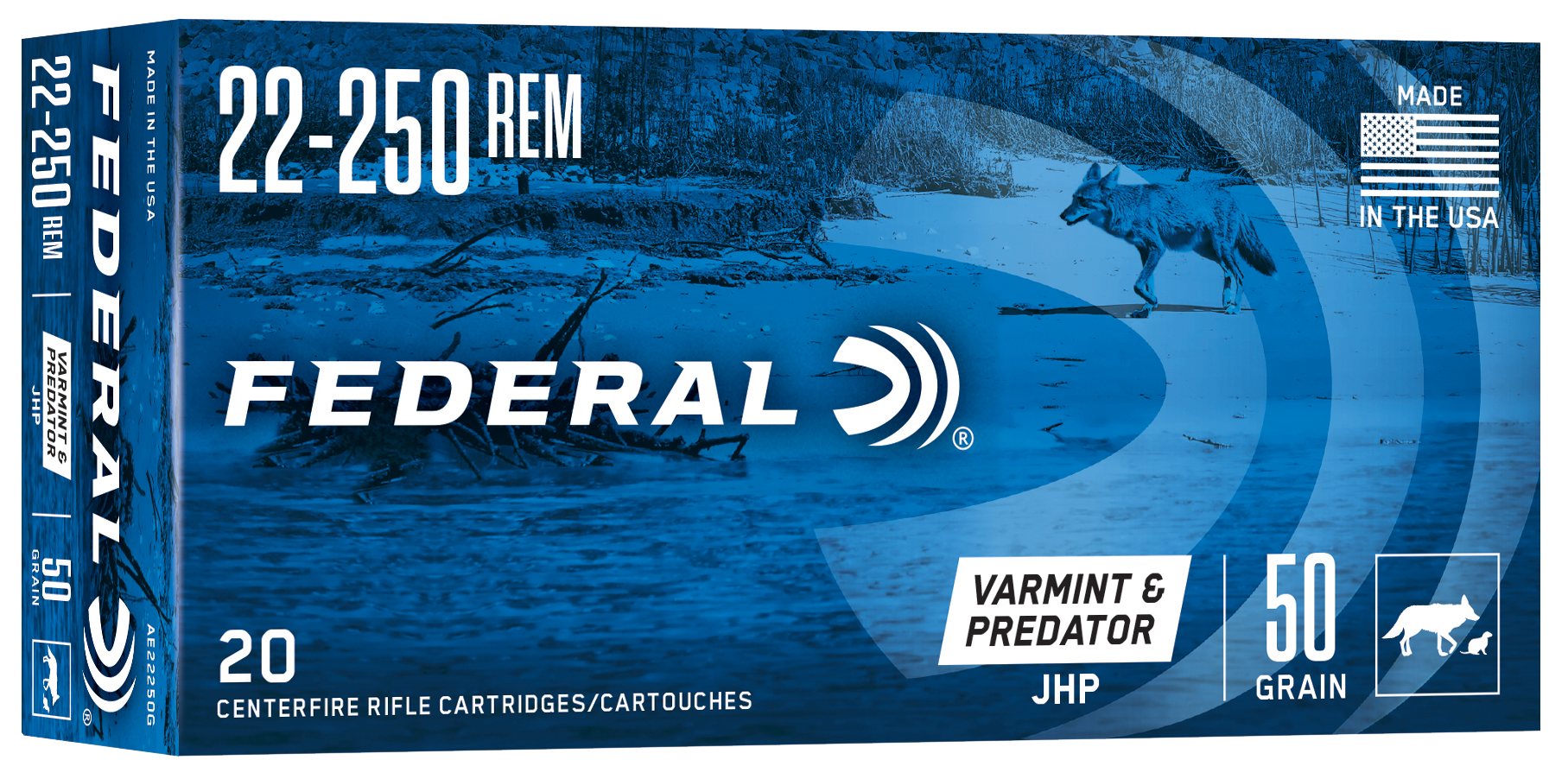 Federal AE22250G American Eagle Varmint & Predator 22-250 Rem 50 gr 3850 fps Jacketed Hollow Point (JHP) 20 Bx/10 Cs