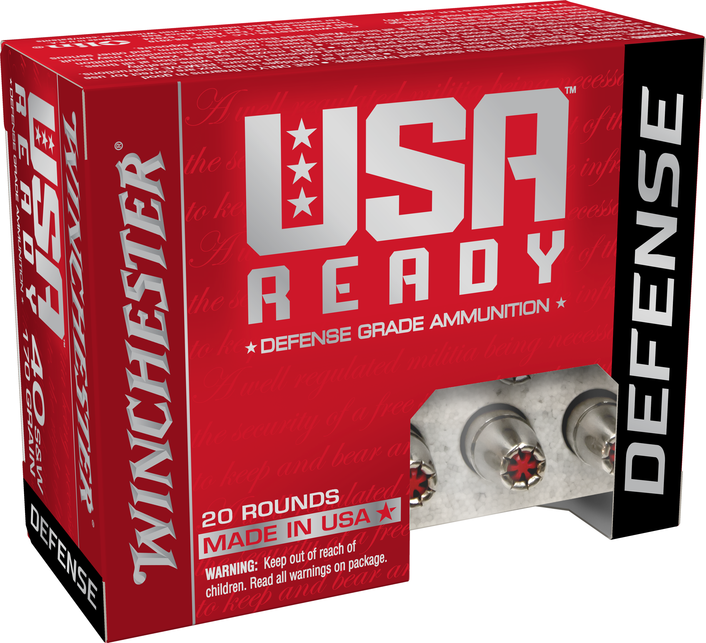 Winchester USA Ready Defense Ammunition 40 S&W 170 Grain Hex-Vent Jacketed Hollow Point 20RD