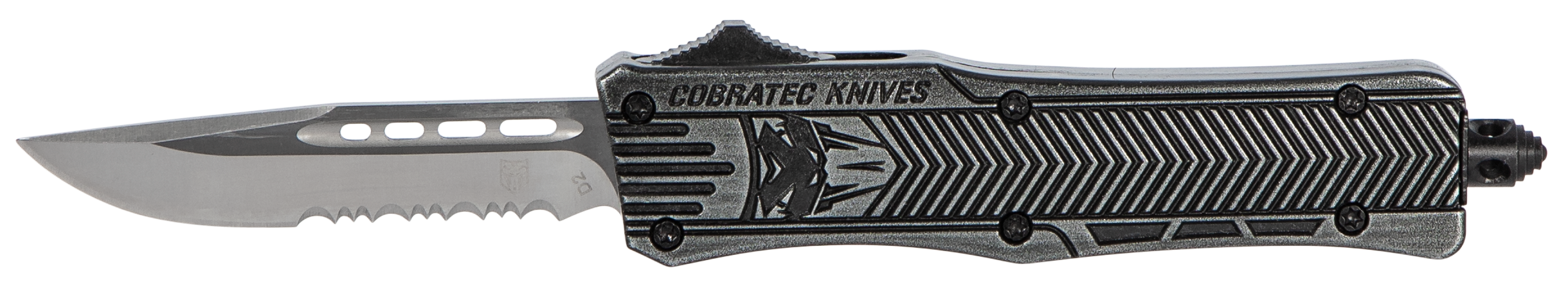 CobraTec Knives SSWCTK1SDS CTK-1Small 2.75" OTF Part Serrated D2 Steel Blade/Black Stonewashed Aluminum Handle Features Glass Breaker Includes Pocket Clip