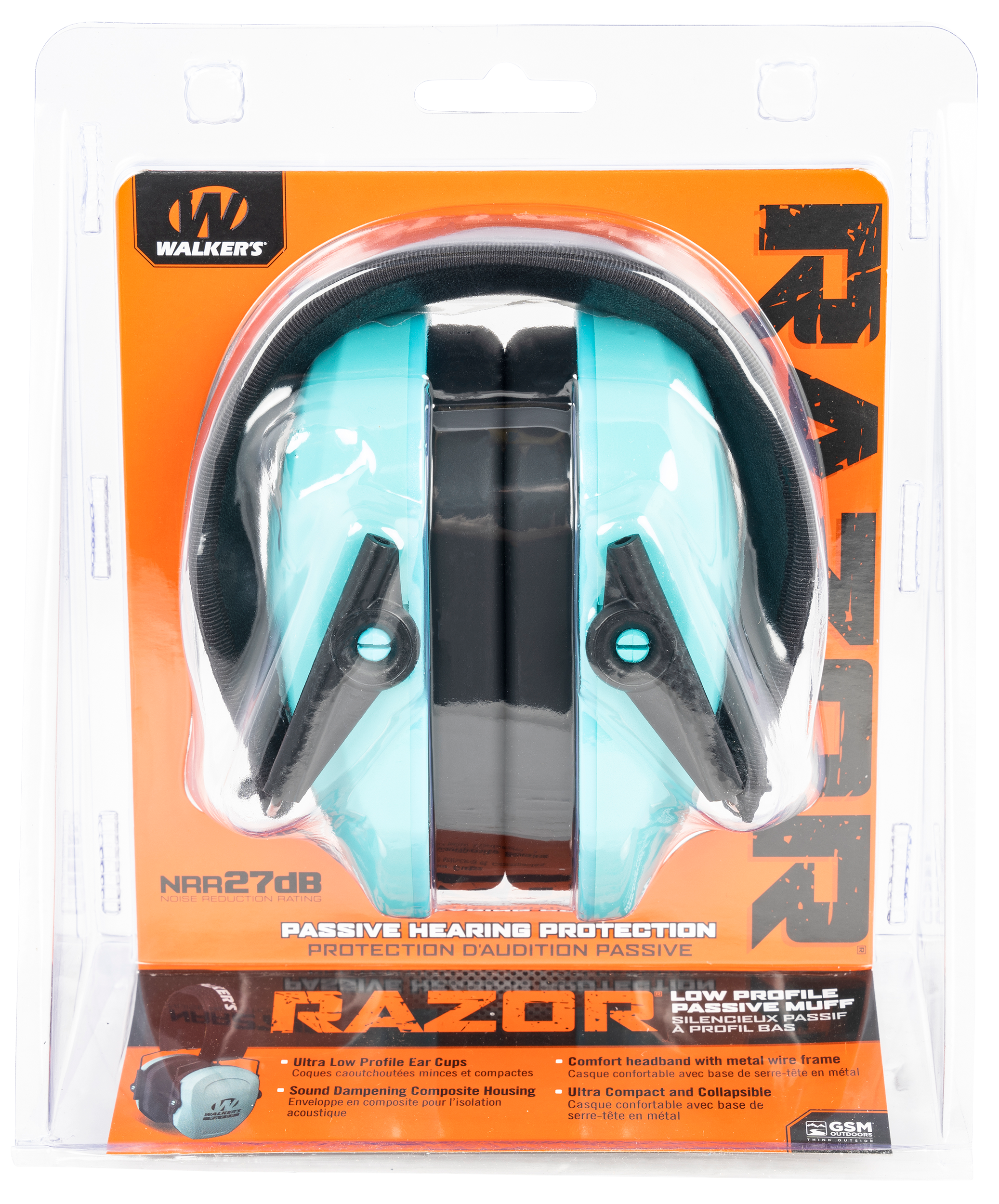 Walker's GWPRSMPASTL Razor Slim Passive Muff Polymer 27 dB Over the Head Teal/Black Adult