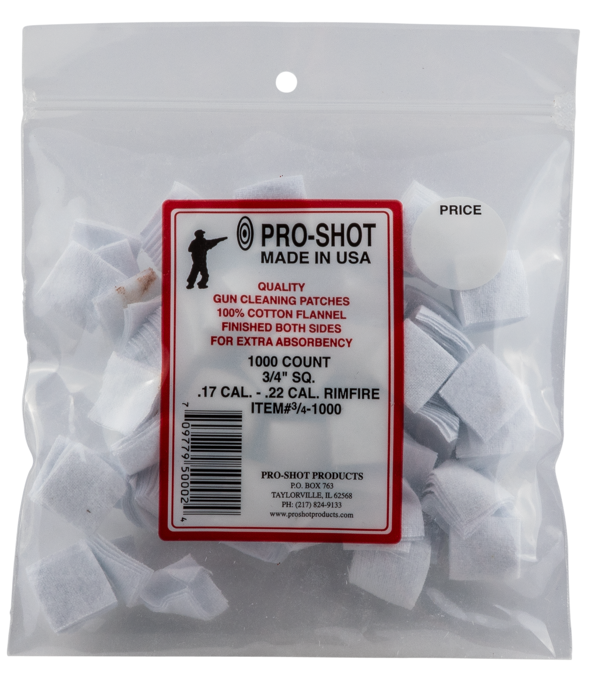 Pro-Shot 341000 Cleaning Patches22/17 Cal 0.75" Cotton Flannel 1000 Per Bag
