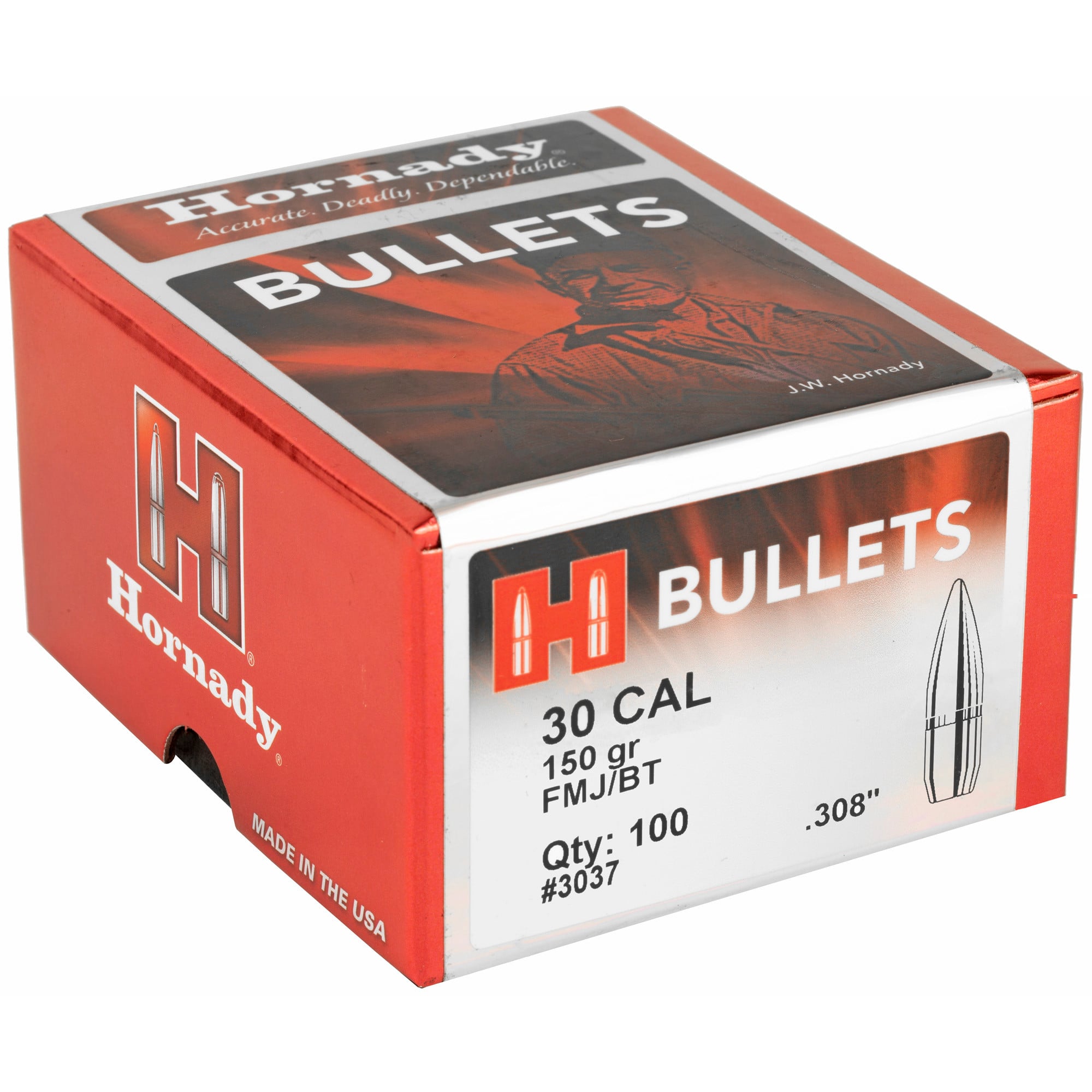 Hornady 3037 Traditional Target 30 Cal .308 150 gr Full Metal Jacket Boat-Tail (FMJBT)
