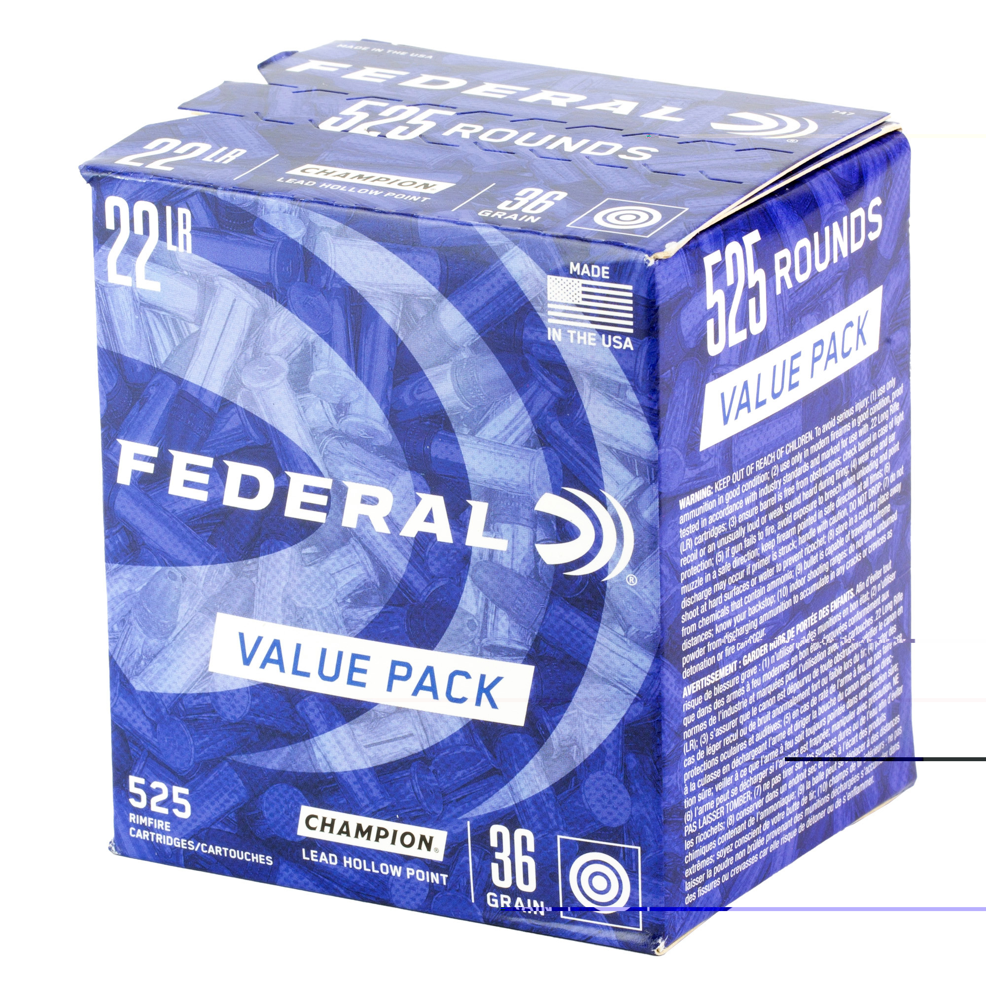 Federal 747 Champion Training Value Pack 22 LR 36 gr Lead Hollow Point (LHP) 525 Per Box/ 10 Cs