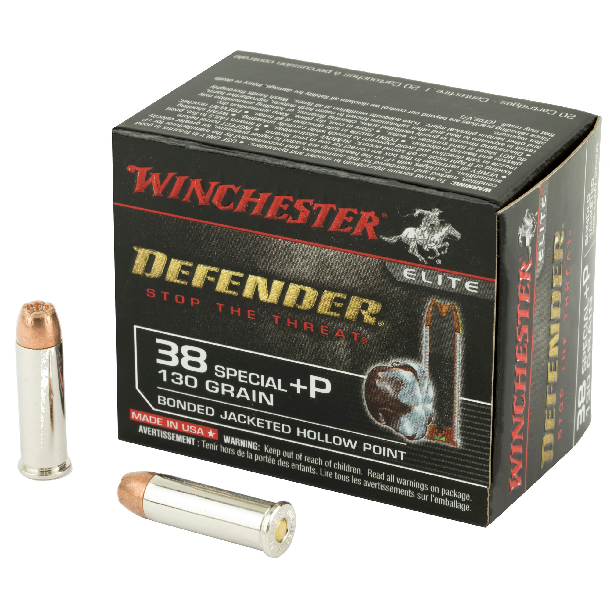 Winchester Defender Ammunition 38 Special +P 130 Grain Bonded Jacketed Hollow Point 20RD