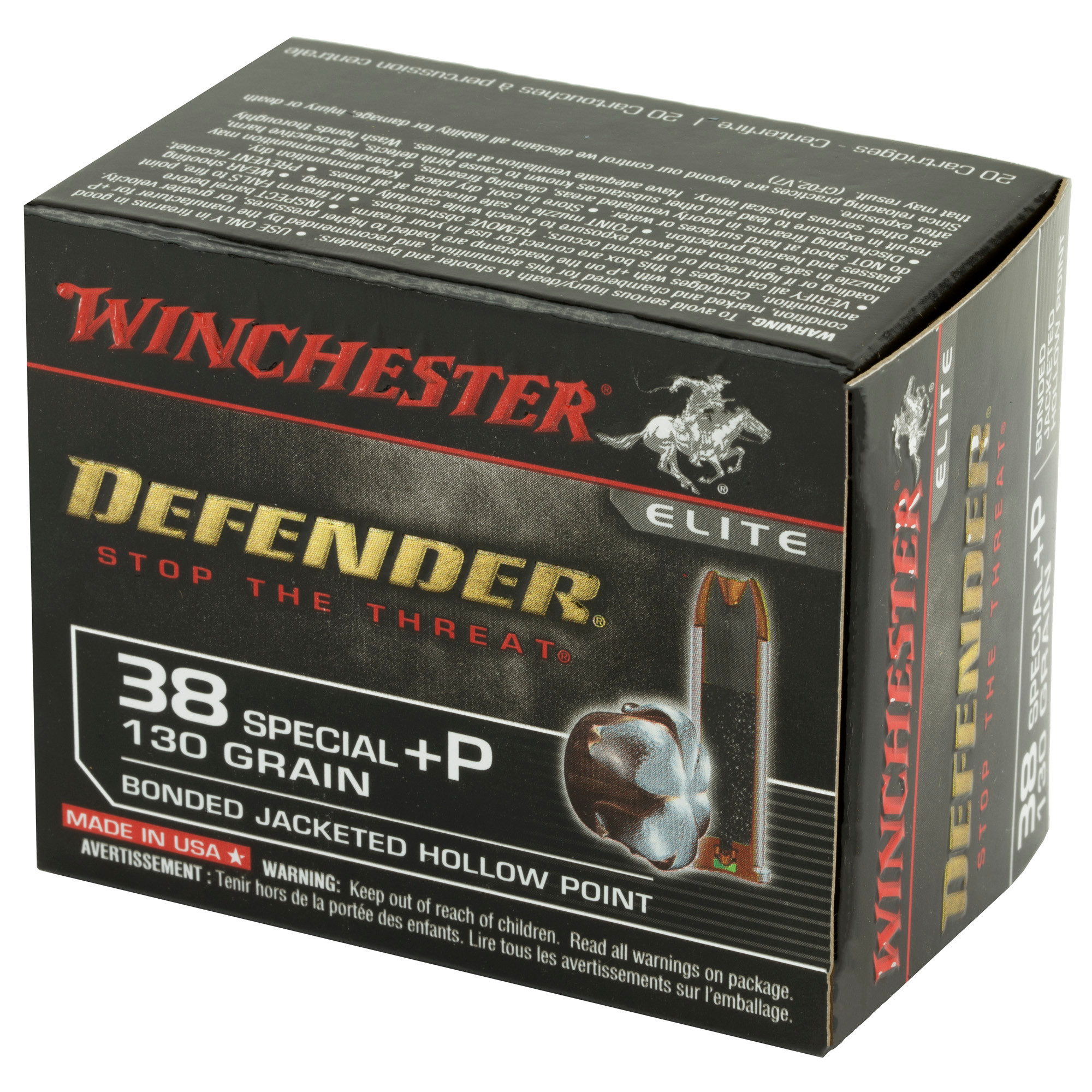 Winchester Defender Ammunition 38 Special +P 130 Grain Bonded Jacketed Hollow Point 20RD