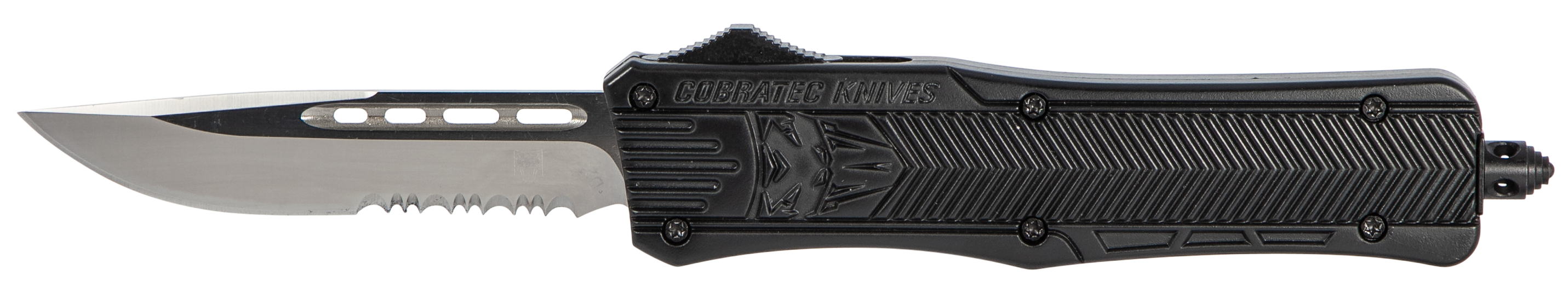 CobraTec Knives MBCTK1MDS CTK-1Medium 3" OTF Drop Point Part Serrated D2 Steel Blade/Black Aluminum Handle Features Glass Breaker Includes Pocket Clip