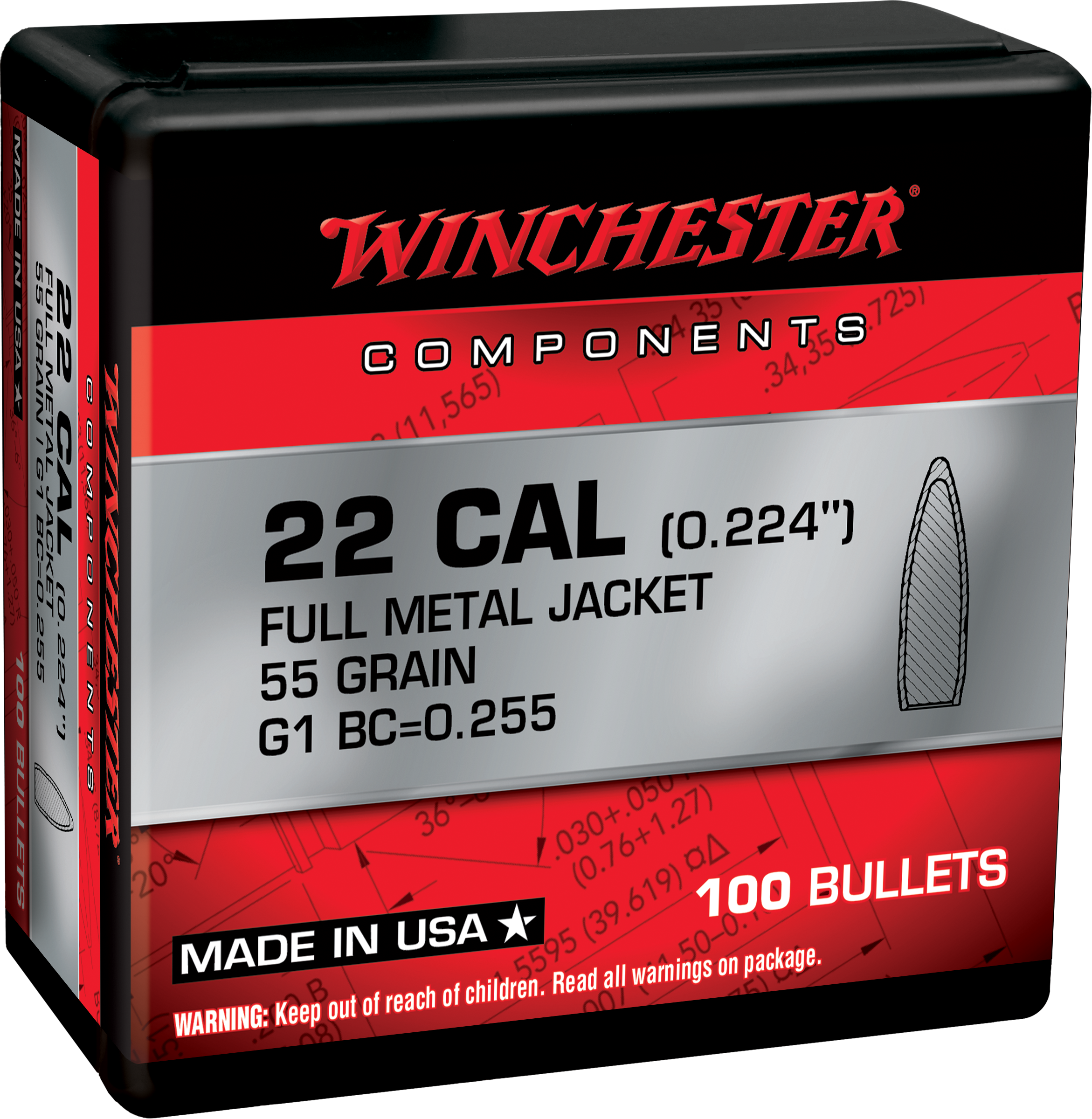 Winchester Ammo WB556MC55X Centerfire Rifle Reloading 5.56x45mm NATO .224 55 gr Full Metal Jacket Boat-Tail (FMJBT) 100 Per Box