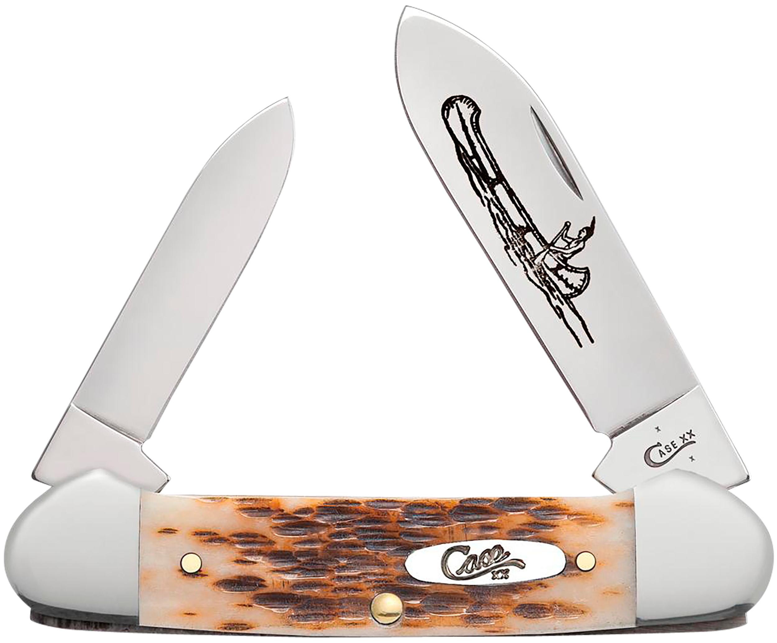 Case 00263 Canoe2.60"/1.97" Folding Spear/Pen Plain Mirror Polished Chrome Vanadium Steel Blade/Peach Seed Jigged Amber Bone Handle