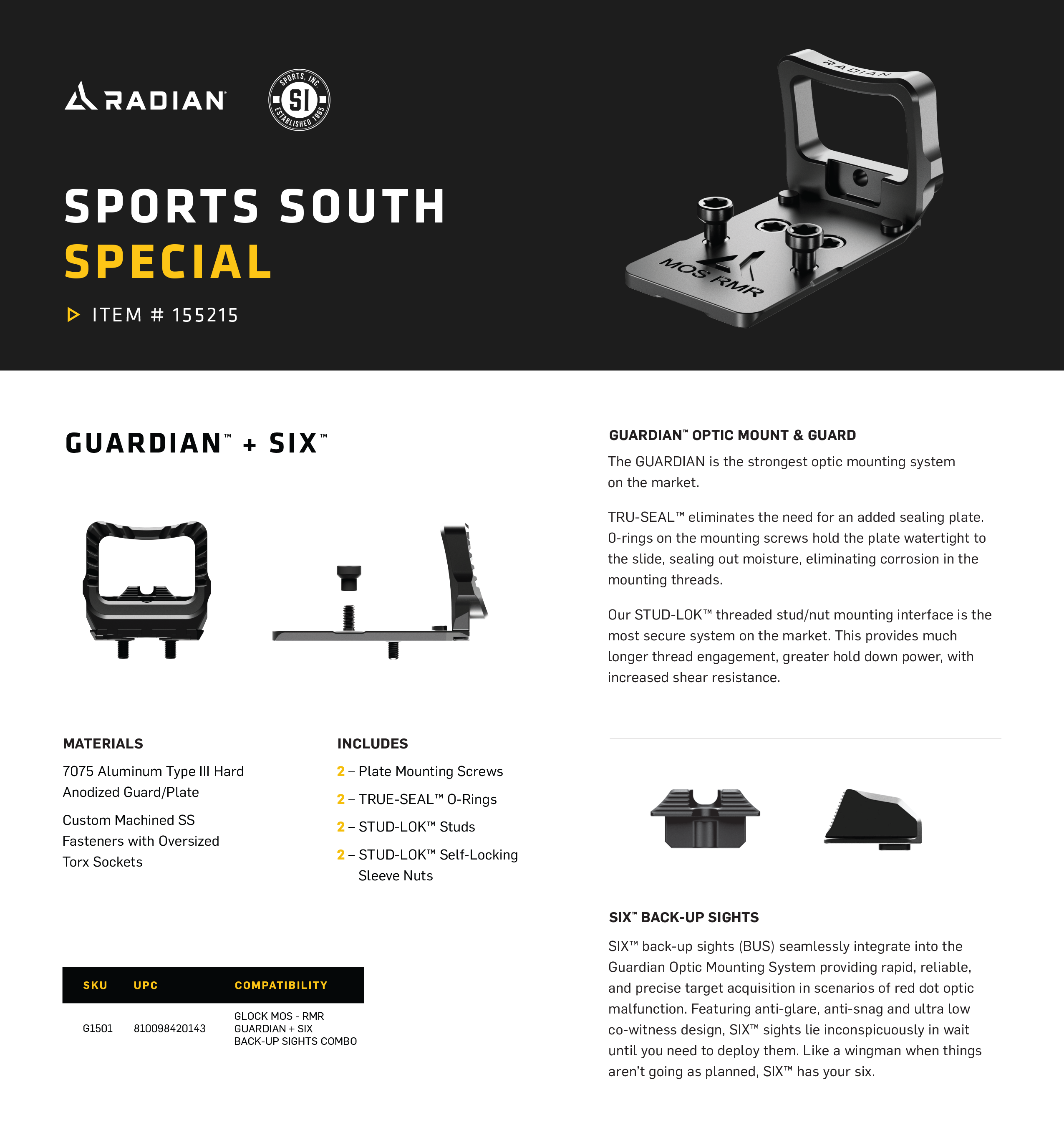 Radian Weapons G1501 Guardian Optic Guard w/Stealth Sights Black Anodized Hardcoat Aluminum RMR Mount Compatible w/Glock MOS Handgun