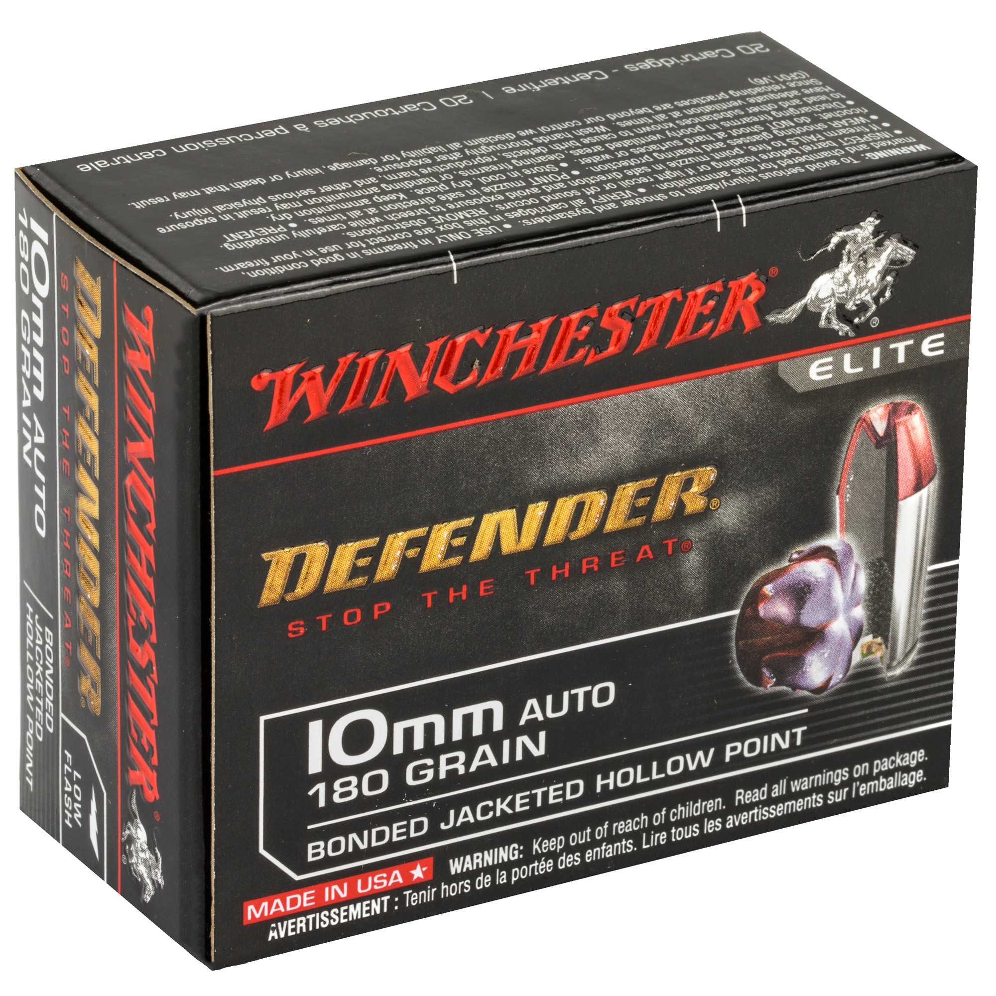 Winchester Ammo S10MMPDB Defender Elite 10mm Auto 180 gr Bonded Jacket Hollow Point 20 Per Box/ 10 Cs