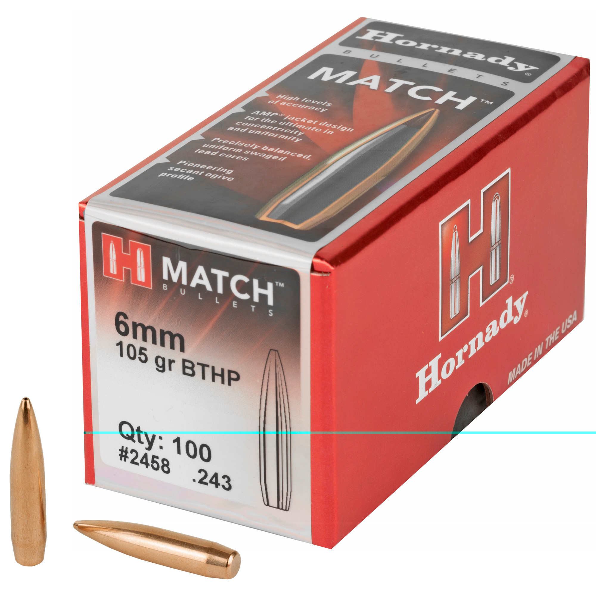 Hornady Match Bullets 243 Caliber, 6mm (243 Diameter) 105 Grain Hollow Point Boat Tail