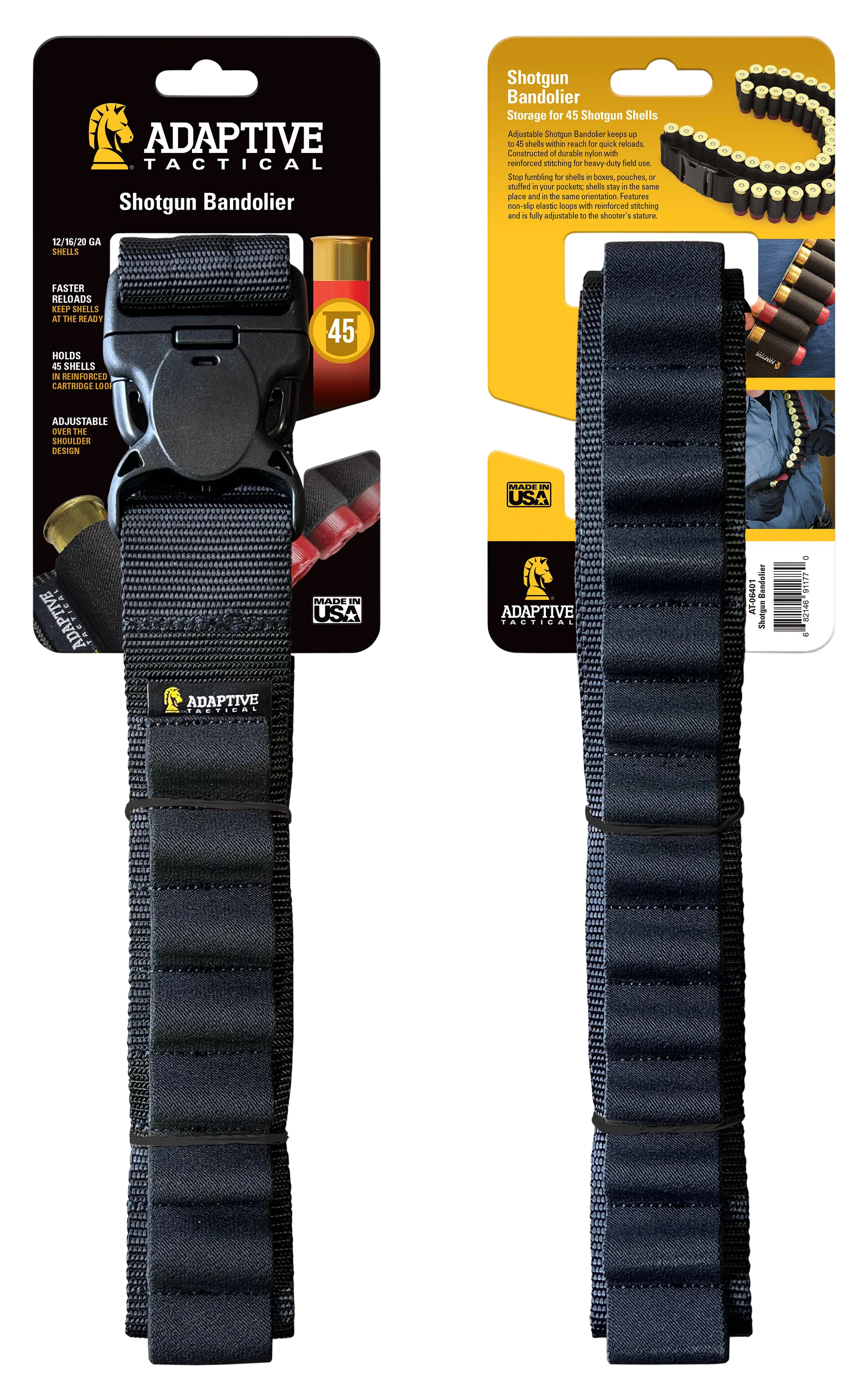 ADAPTIVE TACTICAL AT06401 Shotgun Bandolier45rd Black Nylon Reinforced, Non-Slip Elastic Loops, Fully Adj. Fit
