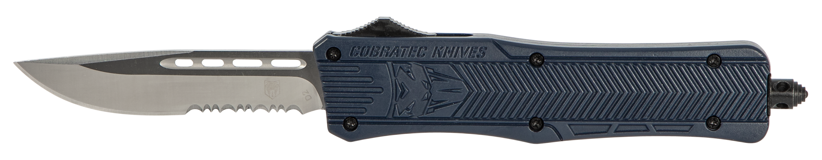 CobraTec Knives MNYCTK1MDS CTK-1Medium 3" OTF Drop Point Part Serrated D2 Steel Blade/NYPD Blue Aluminum Handle Features Glass Breaker Includes Pocket Clip