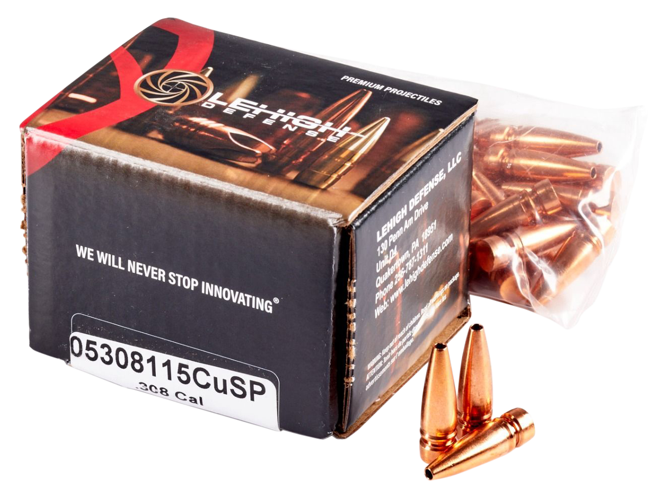Lehigh Defense Controlled Chaos Bullets 30 Caliber (308 Diameter) 115 Grain Fracturing Copper Hollow Point Flat Base Lead-Free