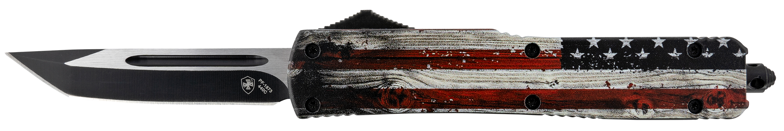 Templar Knife MWUS231 Wood US Flag Gen II Slim 3.43" OTF Tanto Plain Black Oxide Stonewashed 440C SS Blade/5.05" Painted Wood Grain US Flag Aluminum Handle Features Glass Breaker Includes Pocket Clip/Sheath