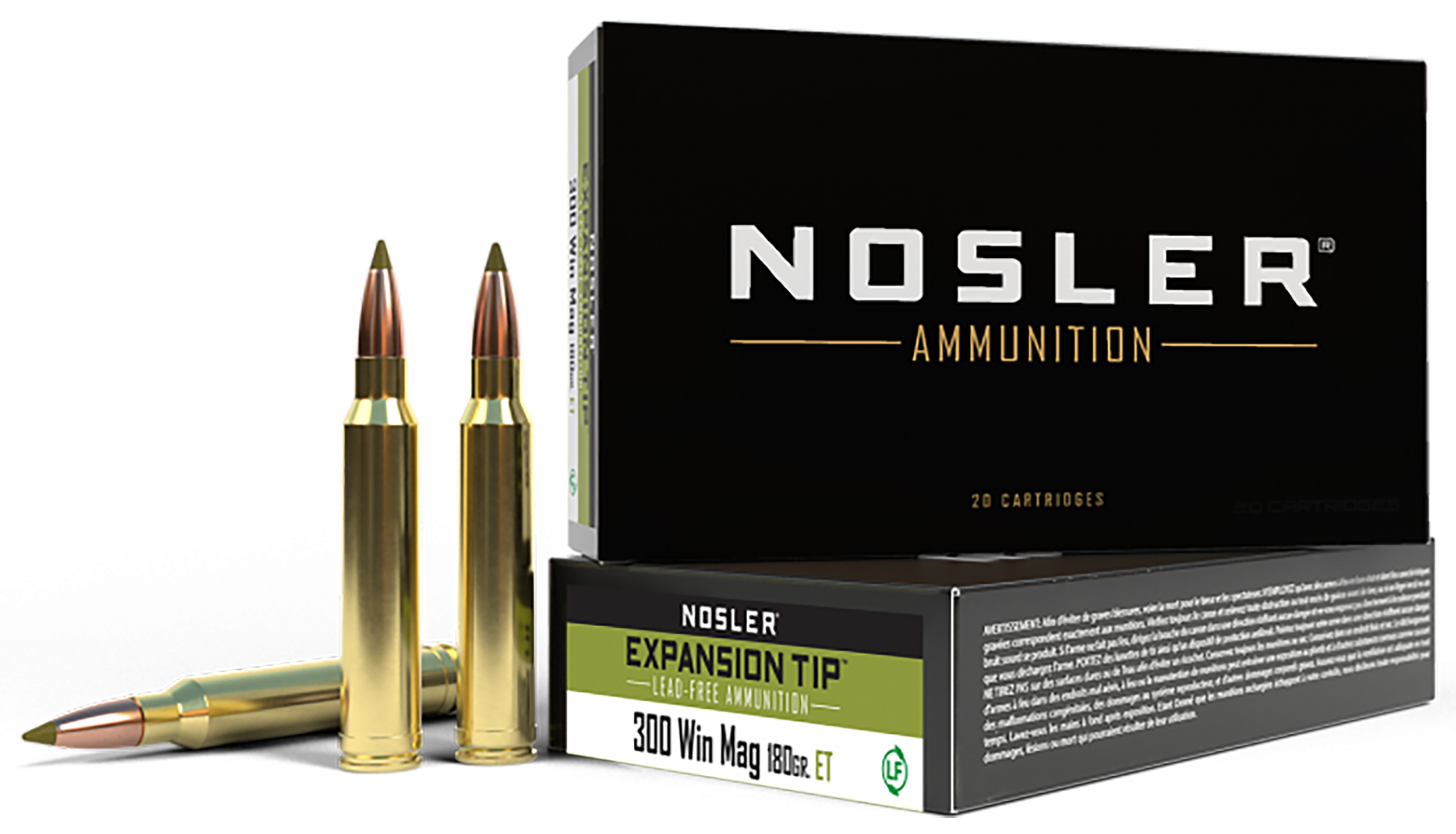 Nosler E-Tip Ammunition 300 Winchester Magnum 180 Grain Polymer Tip Lead-Free 20RD