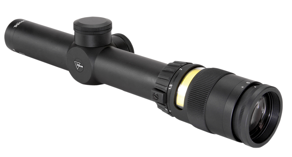 Trijicon 1-4x24 AccuPoint 30mm Rifle Scope Matte, Amber Triangle Post