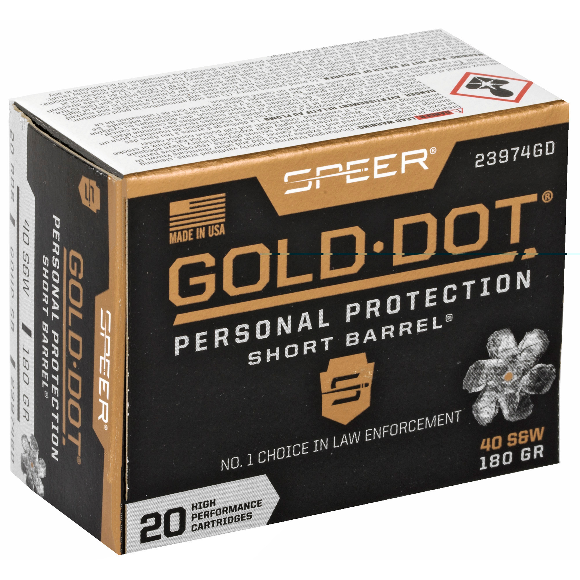 Speer Gold Dot Short Barrel Ammunition 40 S&W 180 Grain Jacketed Hollow Point 20RD