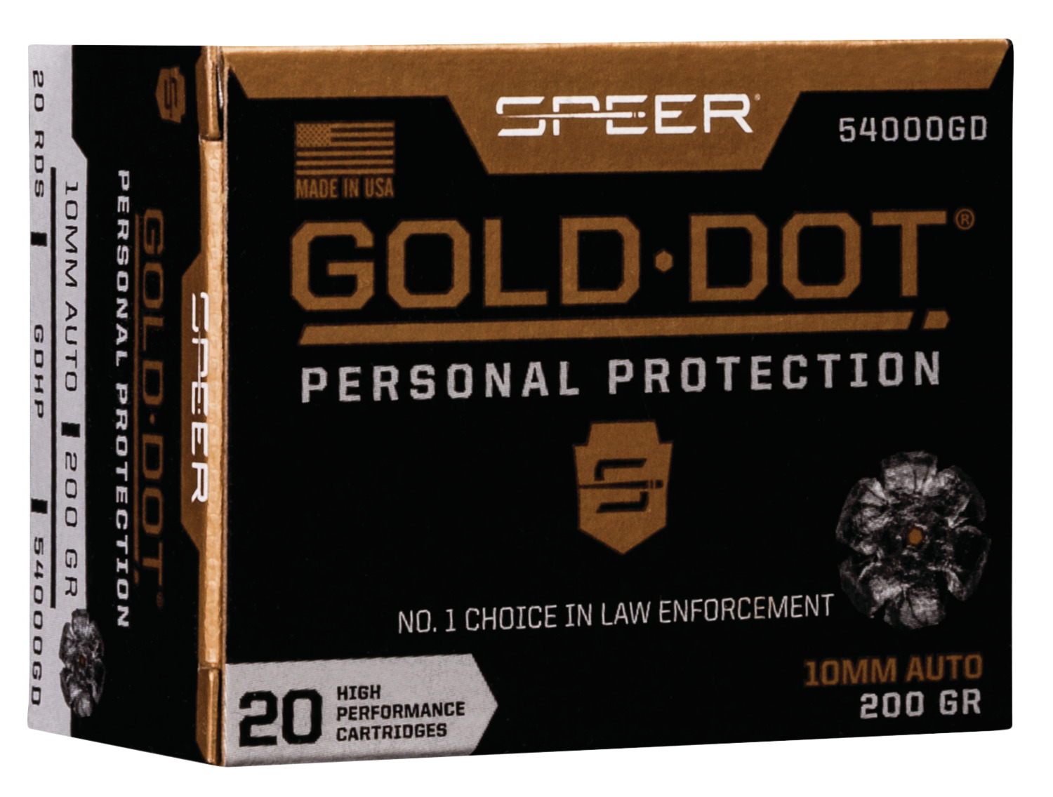 Speer 54000GD Gold Dot Personal Protection 10mm Auto 200 gr 1100 fps Hollow Point (HP) 20 Bx/10 Cs
