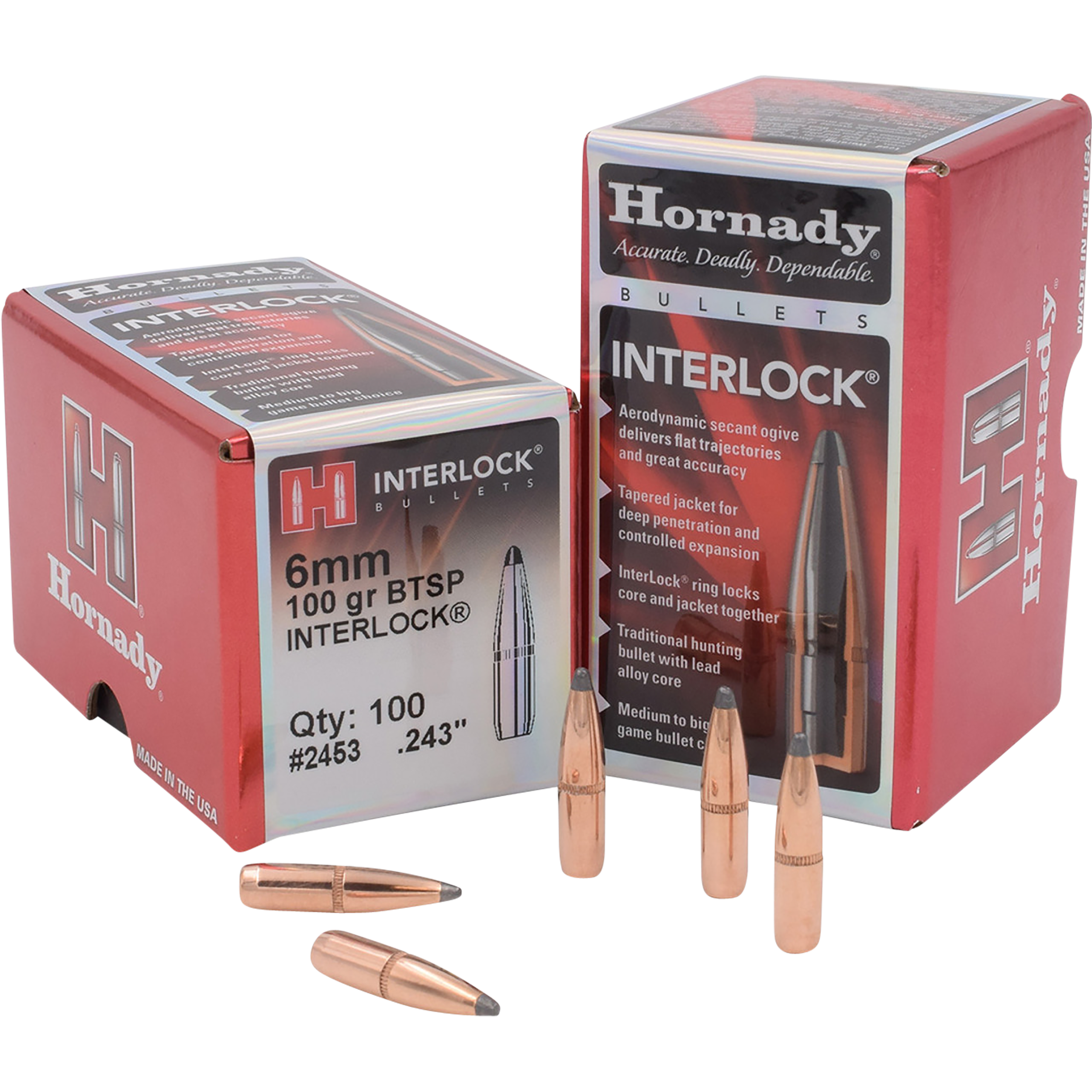 Hornady InterLock Bullets 243 Caliber, 6mm (243 Diameter) 100 Grain Boat Tail Spire Point Box of 100