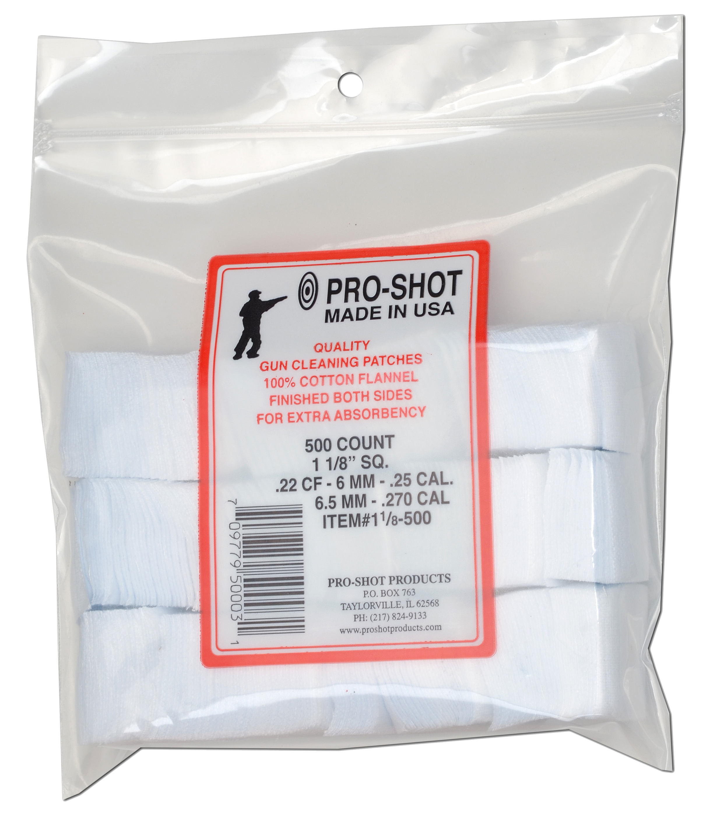 Pro-Shot 118500 Cleaning Patches22 Cal/270 Cal 1.125" Sq Cotton Flannel 500 Per Pkg