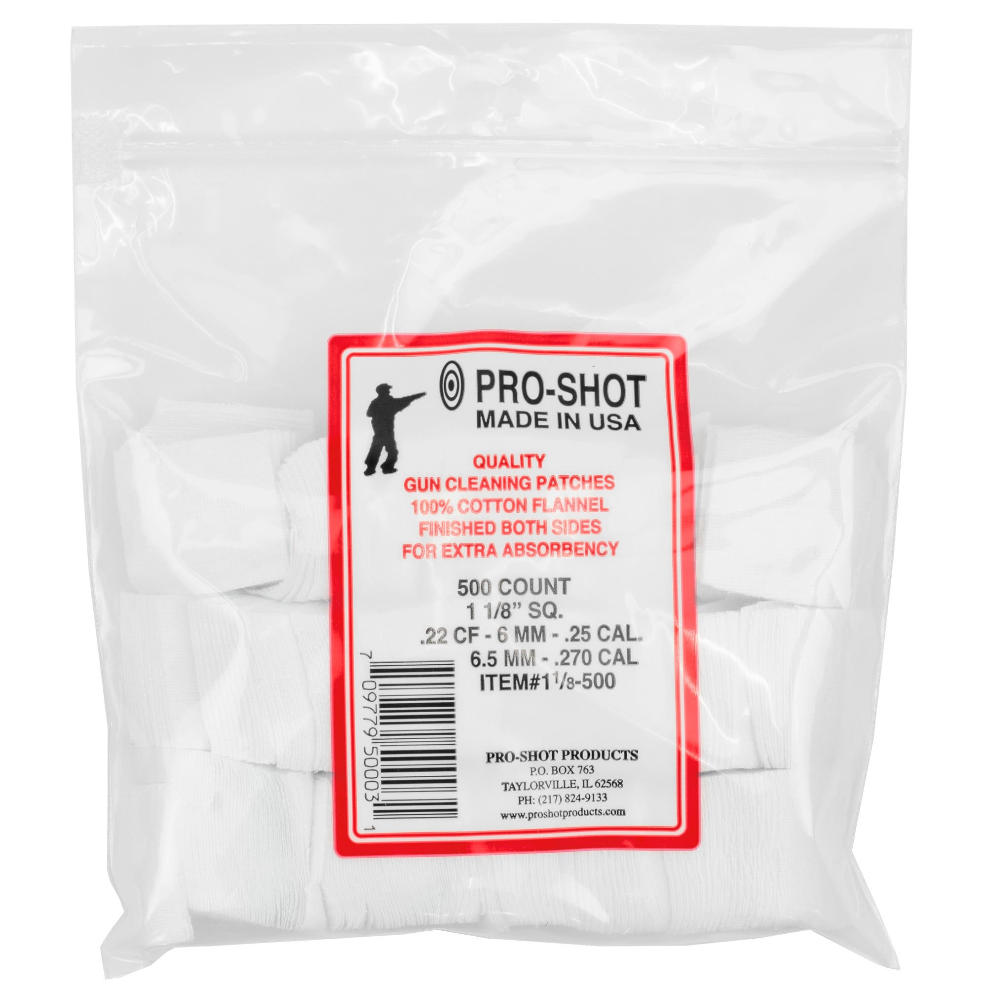 Pro-Shot 118500 Cleaning Patches22 Cal/270 Cal 1.125" Sq Cotton Flannel 500 Per Pkg