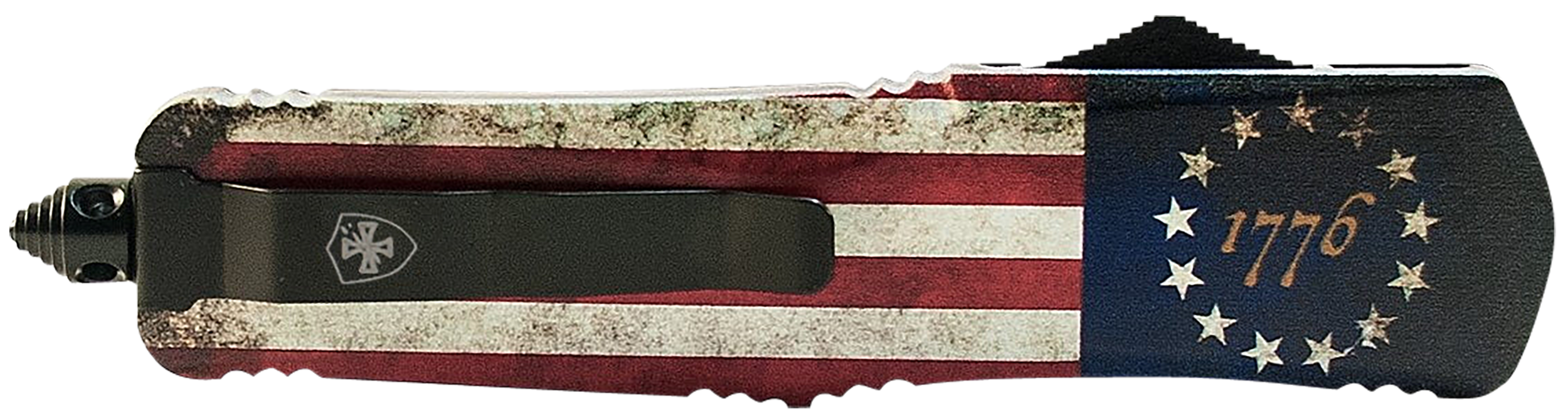 Templar Knife SBRF331 1776 Gen II Small 2.69" OTF Drop Point Plain Black Oxide Stonewashed Black 440C SS Blade/4.31" Betsy Ross Flag Aluminum Handle Features Glass Breaker Includes Pocket Clip/Sheath