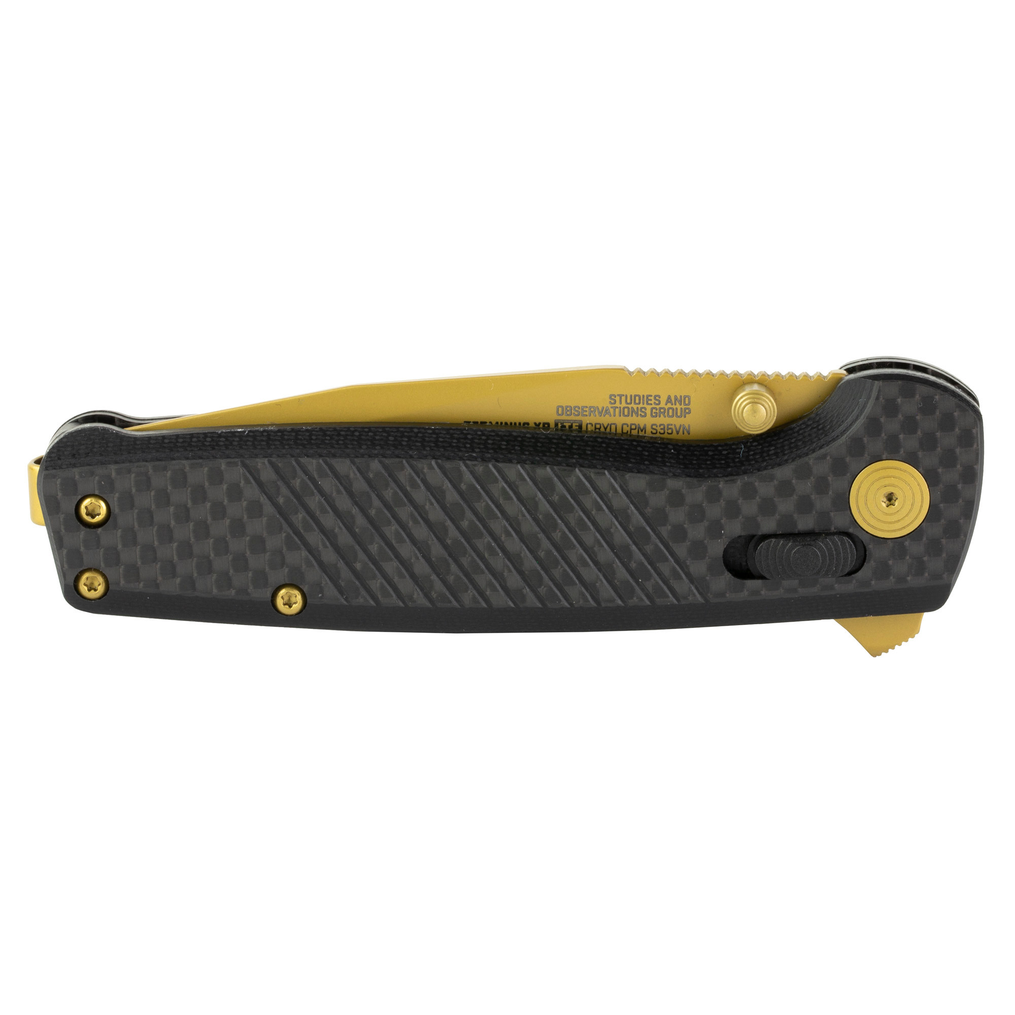S.O.G SOGTM1033BX Terminus XR LTE 2.95" Folding Clip Point Plain Gold TiCN Cryo CPM S35VN Steel Blade Black G10/Carbon Fiber Handle Features Box Packaging Includes Pocket Clip