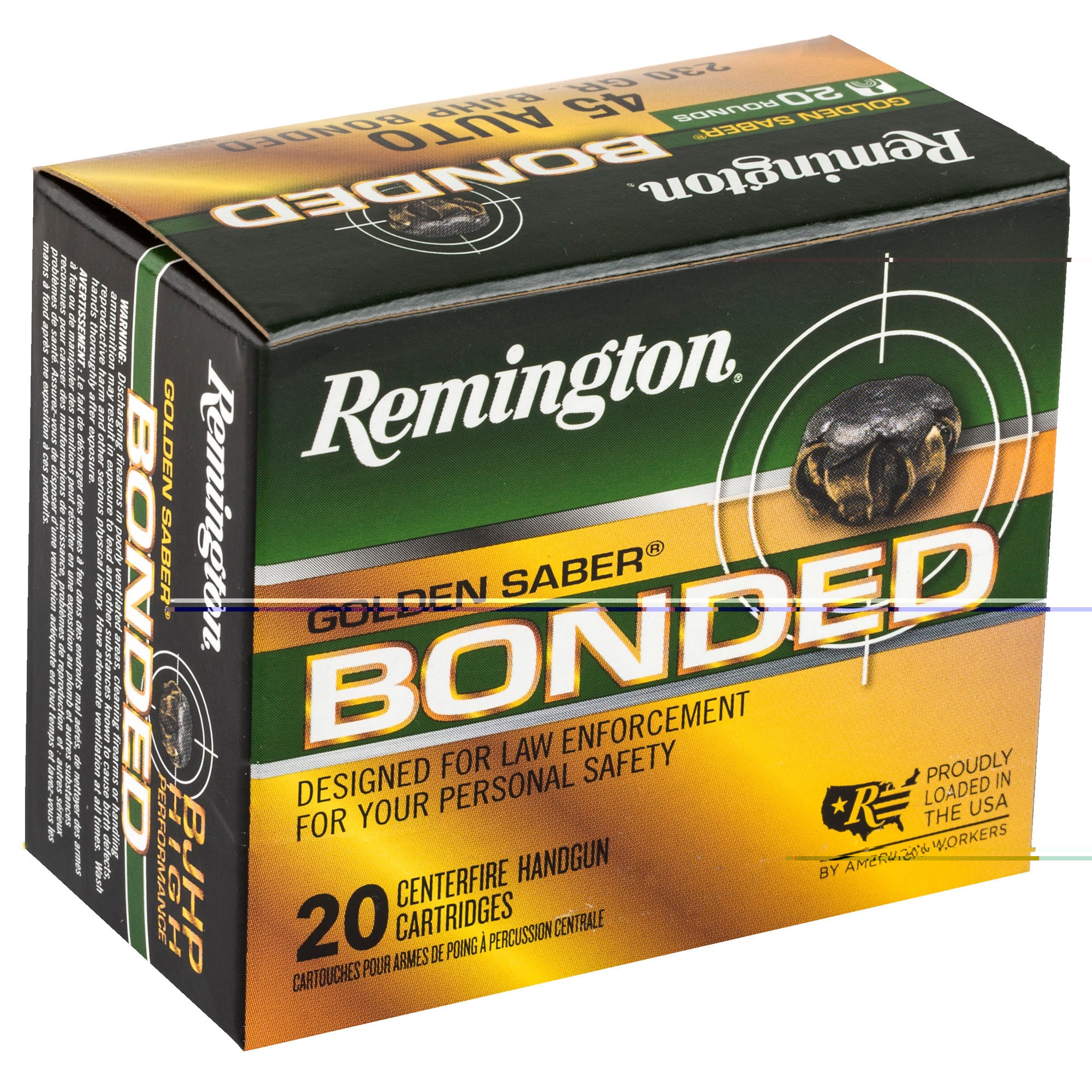 Remington Ammunition 29327 Golden Saber Bonded Defense 45 ACP 230 gr Bonded Brass Jacketed Hollow Point (BBJHP) 20rd Bx