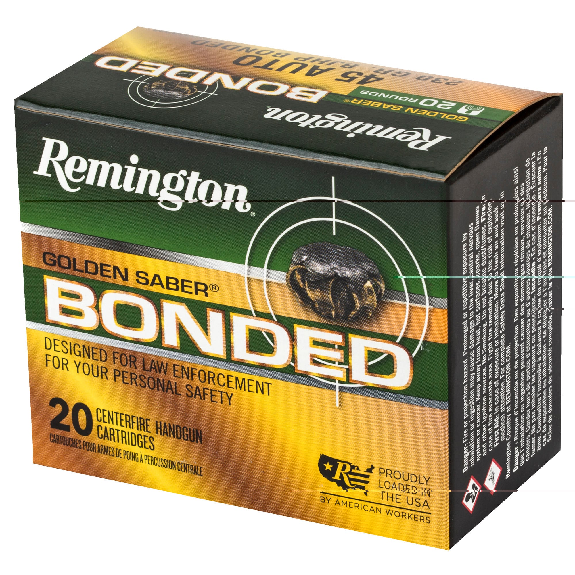 Remington Ammunition 29327 Golden Saber Bonded Defense 45 ACP 230 gr Bonded Brass Jacketed Hollow Point (BBJHP) 20rd Bx