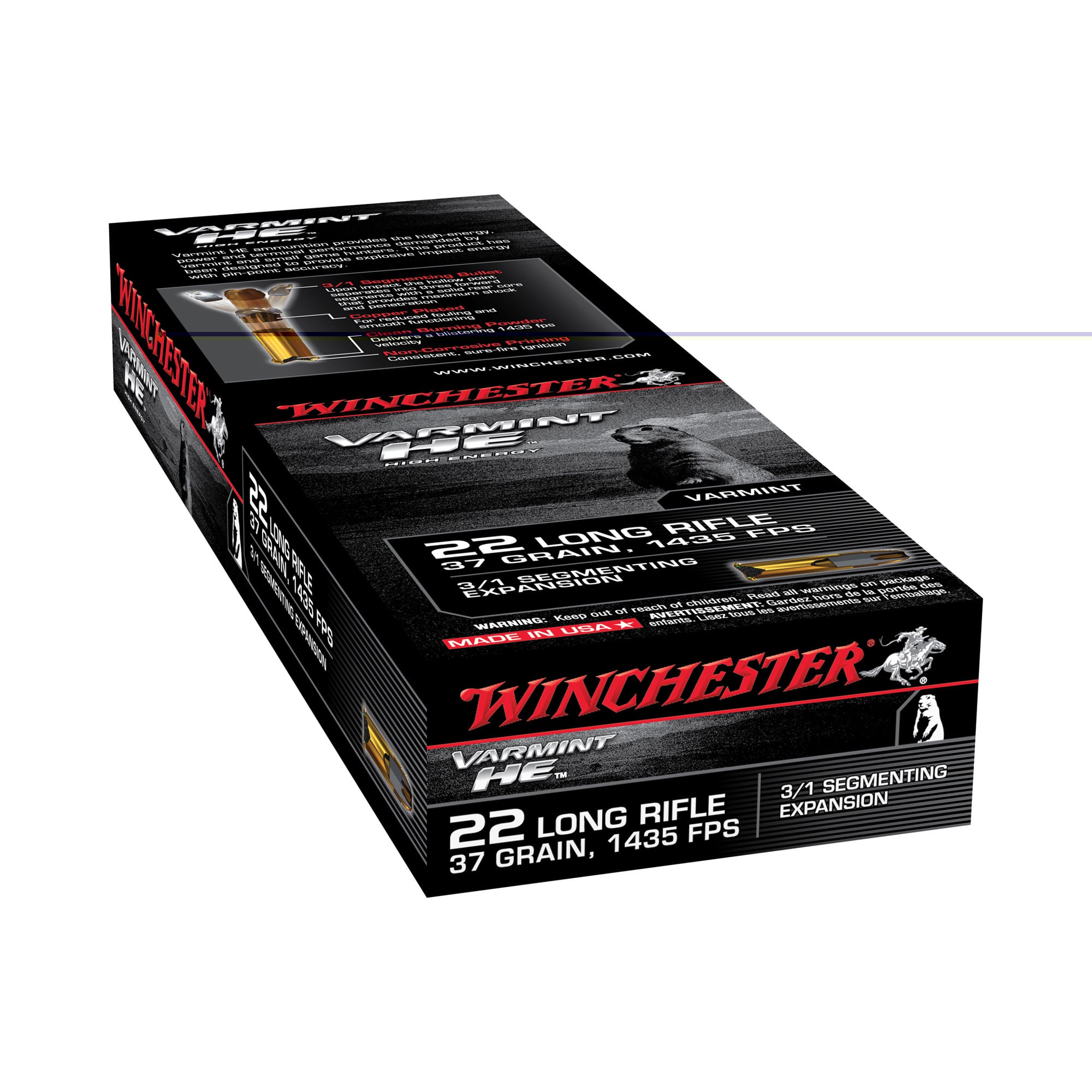 Winchester Ammo S22LRFSP Varmint HE22 LR 37 gr 3/1 Segmenting Expansion 50 Bx/20 Cs