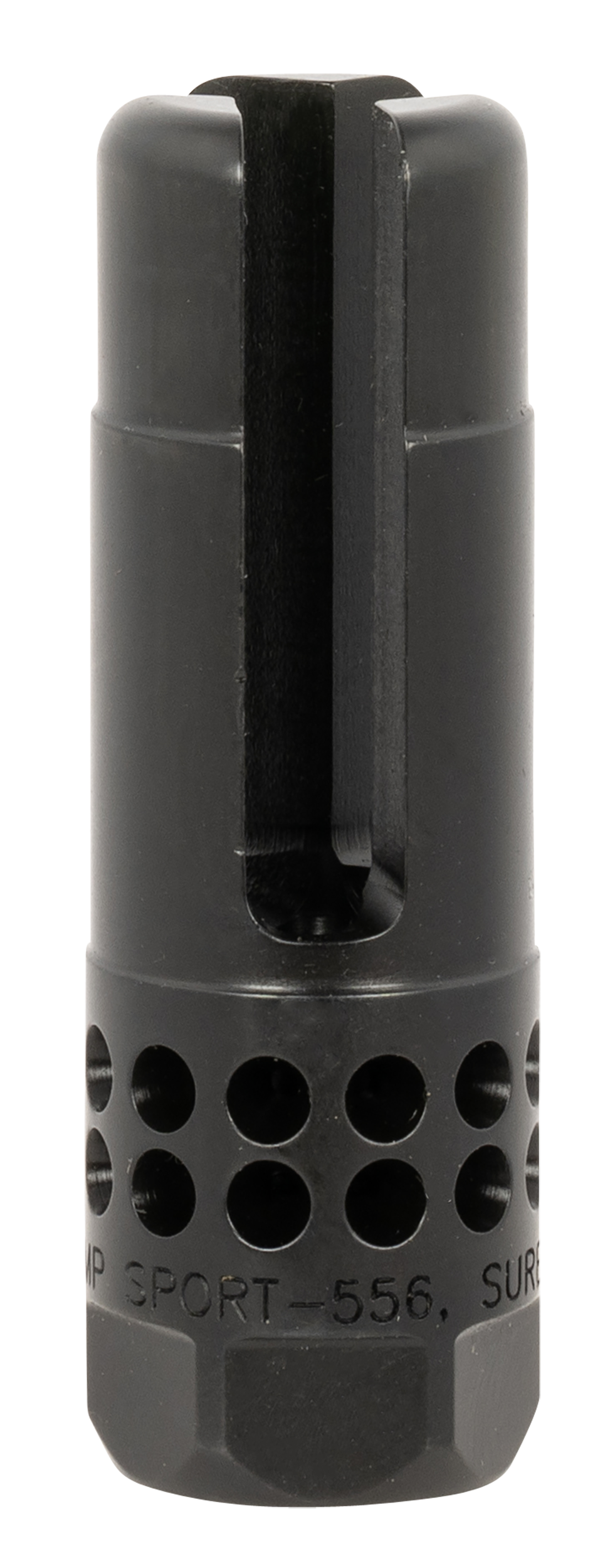 SureFire WARCOMPSPORT5561228 Warcomp Sport Flash Hider 22 Cal (5.56mm) 1/2"-28 tpi, Open Tine 3-Prong, Ported Black Stainless Steel for AR/M4-Platform