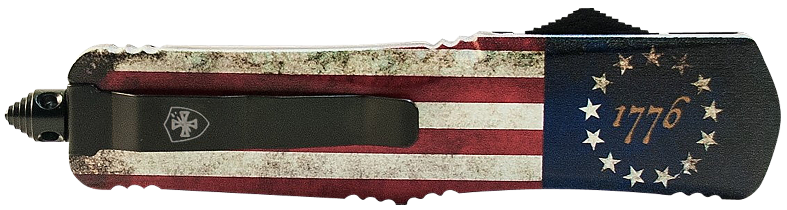 Templar Knife MBRF331 1776 Gen II Slim 3.43" OTF Drop Point Plain Black Oxide Stonewashed Black 440C SS Blade/5.05" Betsy Ross Flag Aluminum Handle Features Glass Breaker Includes Pocket Clip/Sheath