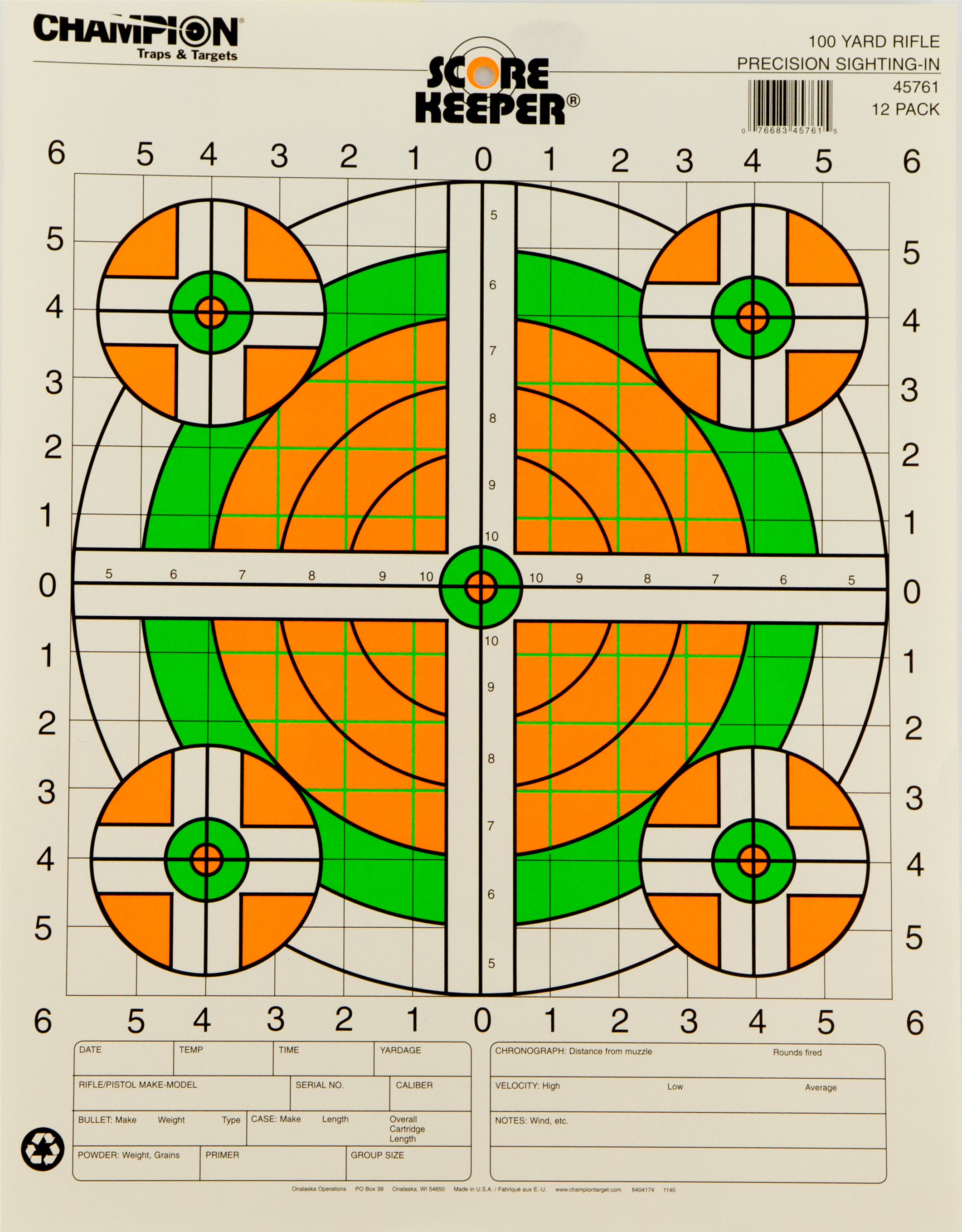 Champion Targets 45761 Score KeeperBullseye Paper Hanging 100 yds Rifle 14" x 18" Green/Orange 12 PK