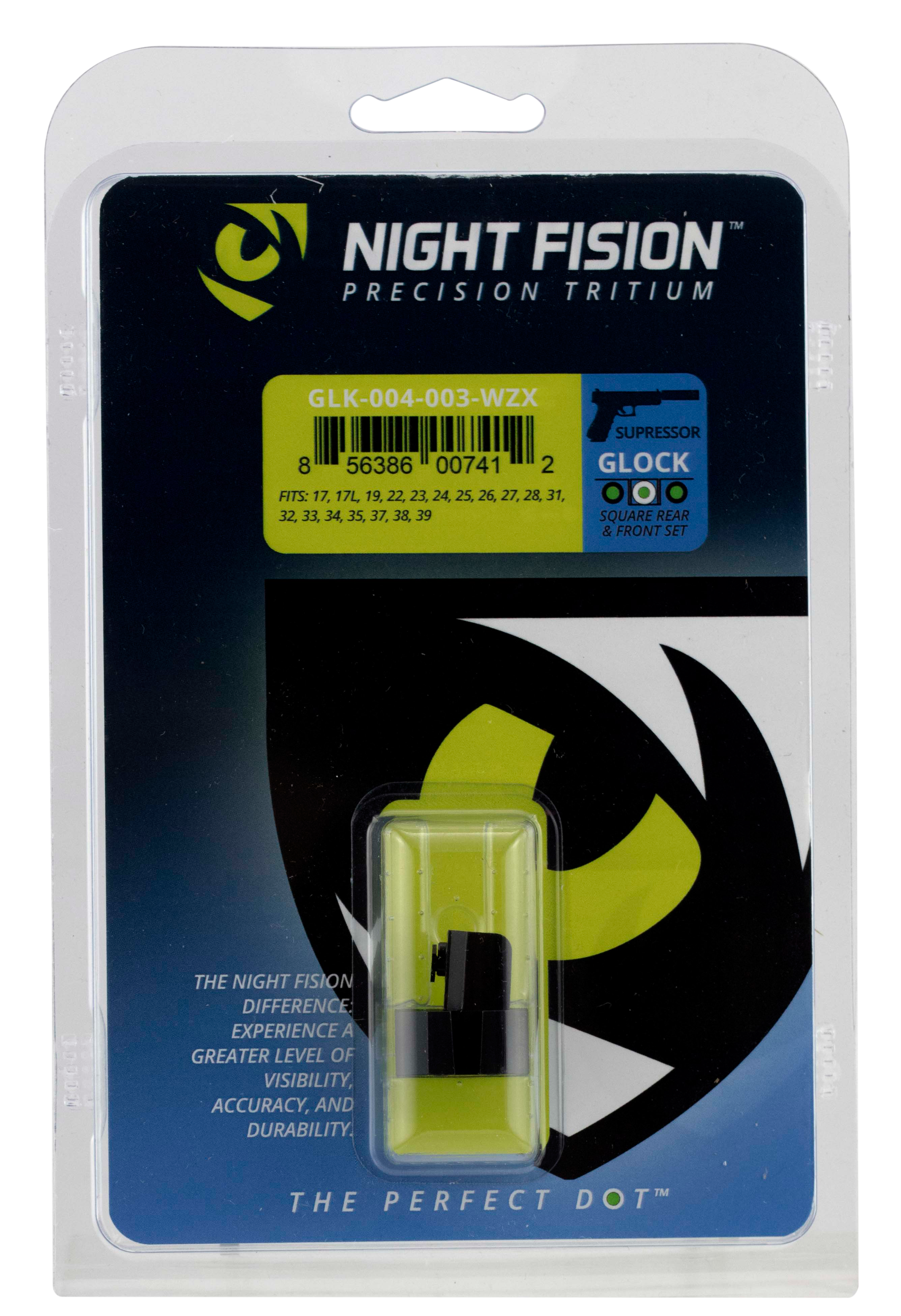 Night Fision Suppressor Height Night Sight Set Glock 17, 19, 34 Tritium Front, Square Notch Black Ring Rear Steel Nitride