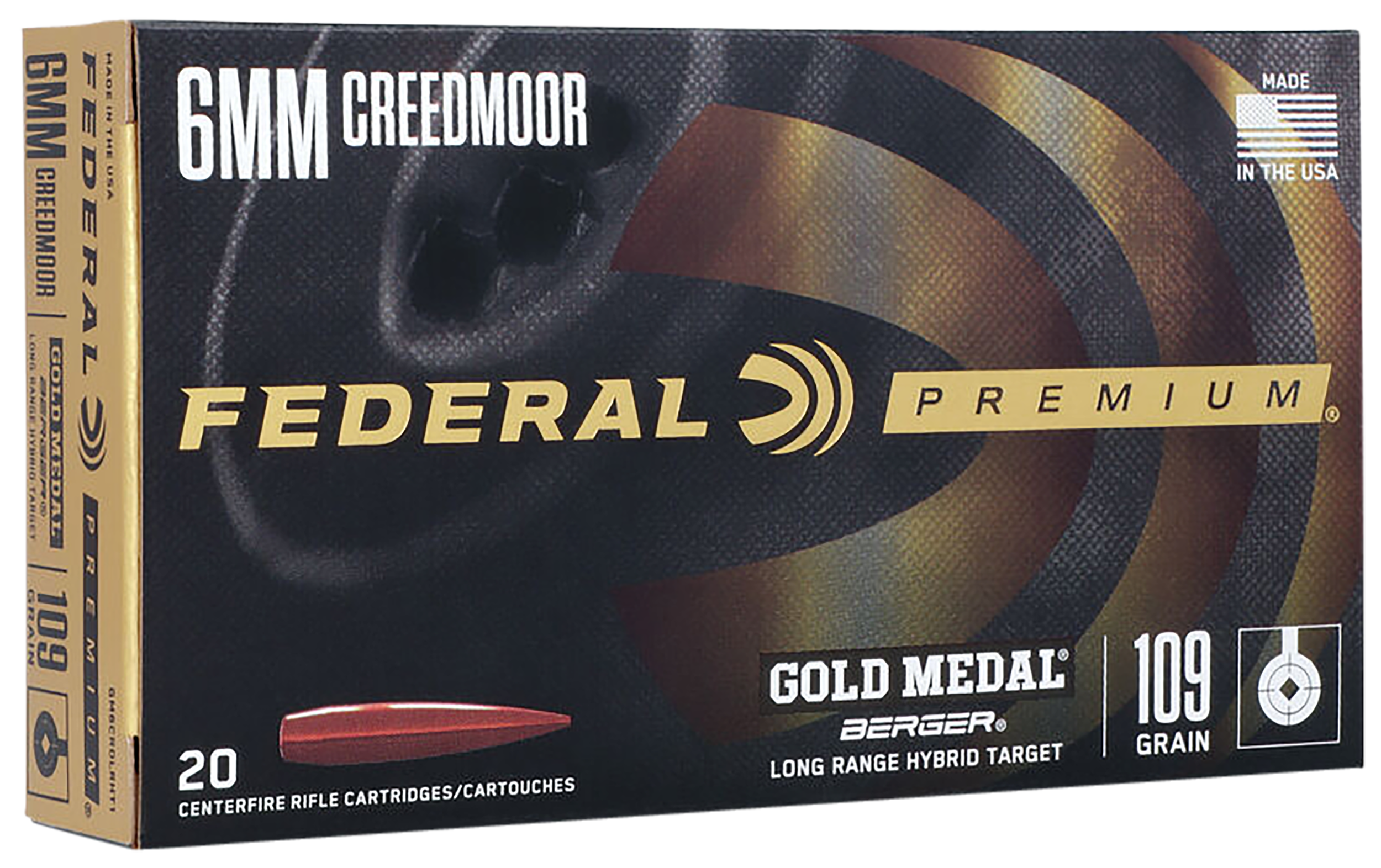 Federal Premium Gold Medal Berger Ammunition 6mm Creedmoor 109 Grain Hollow Point Boat Tail