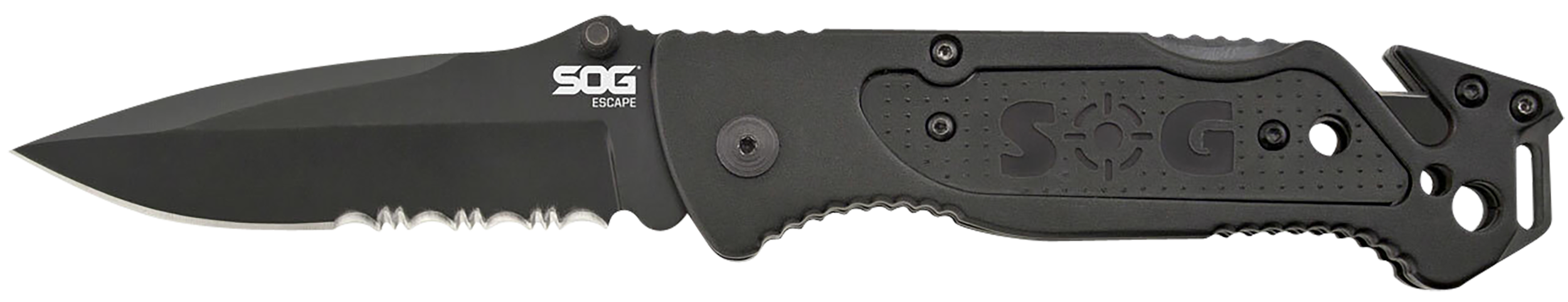 S.O.G SOGFF25CP Escape3.40" Folding Clip Point Part Serrated Black Hardcased 9Cr18MoV SS Blade Black Anodized Aluminum Handle Includes Belt Clip