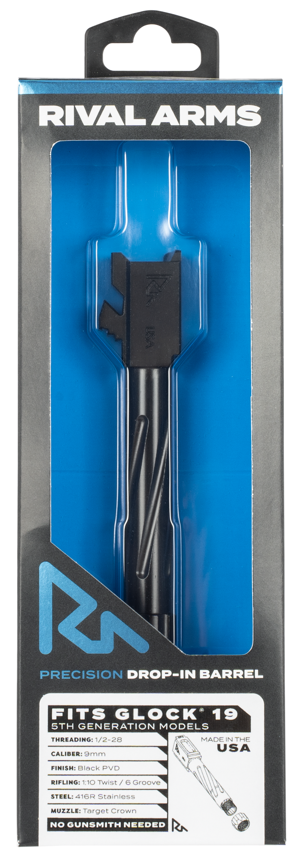 Rival Arms Barrel Glock 19 Gen 5 9mm Luger 1/2"-28 Thread Spiral Fluted Stainless Steel