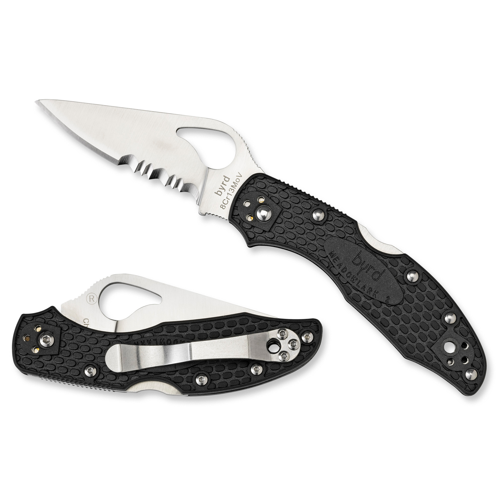Spyderco BY04PSBK2 Byrd Meadowlark 2 Lightweight 2.87" Folding Drop Point Part Serrated 8Cr13MoV SS Blade BlackTextured FRN Handle Includes Pocket Clip
