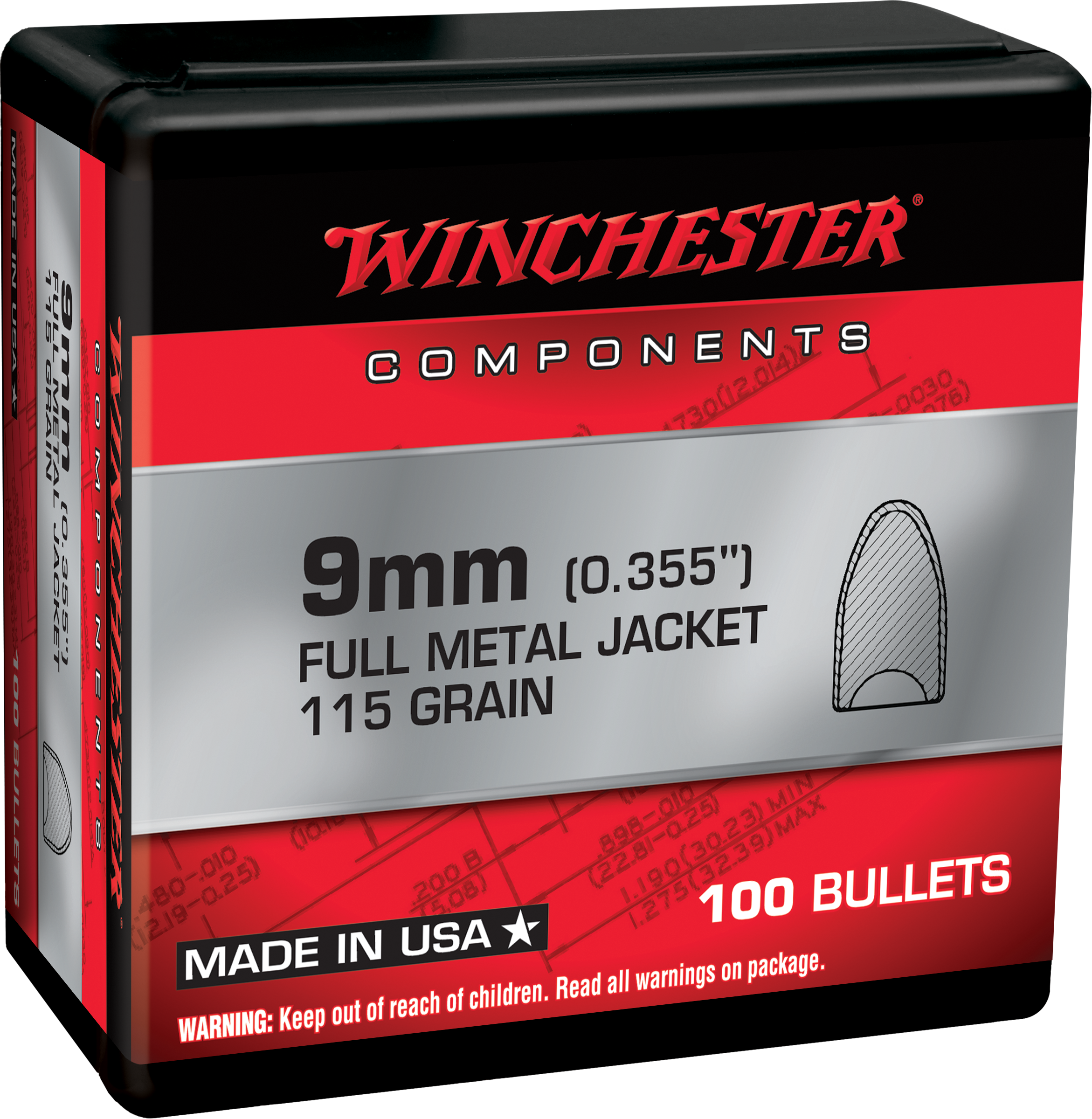 Winchester AmmoCenterfire Handgun Reloading 9mm .355 115 gr Full Metal Jacket Flat Base (FMJFB) 100 Per Box